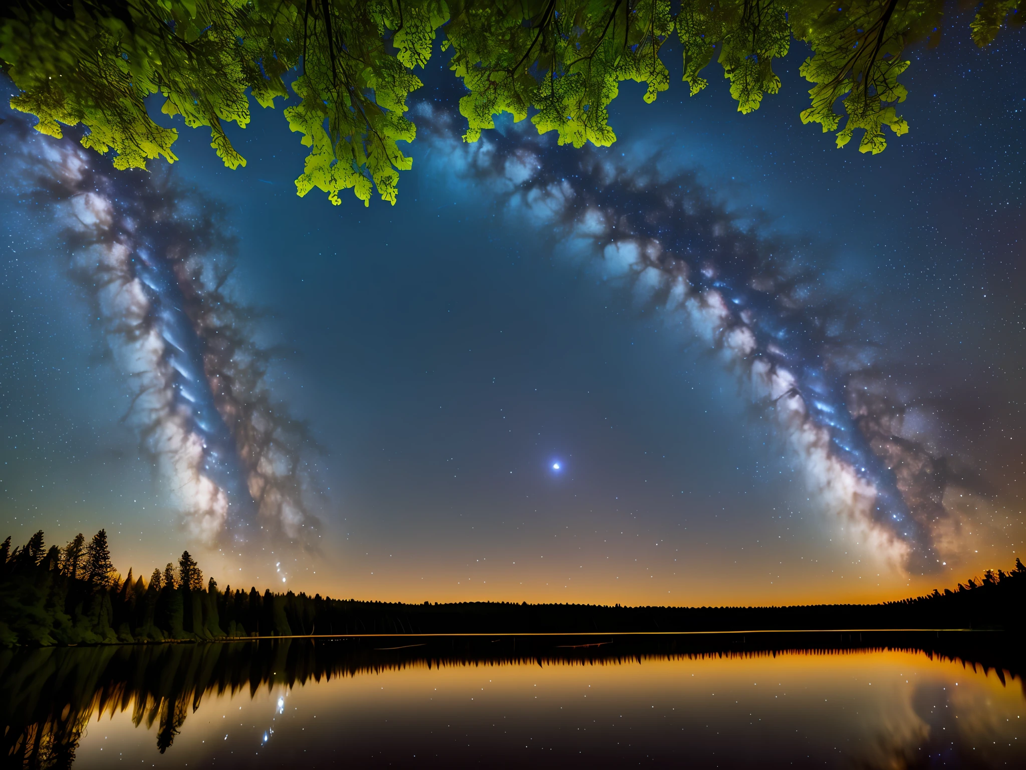 Transport yourself to a forest where the canopy is a swirling galaxy, stars shimmering and planets orbiting above. The trees themselves become celestial beings, their roots reaching into the earth like cosmic tendrils.detailed reflections, Intricate, High Detail, dramatic, best quality masterpiece, photorealistic, detailed, 8k, HDR, backlighting, bloom, light sparkles, chromatic aberration, sharp focus