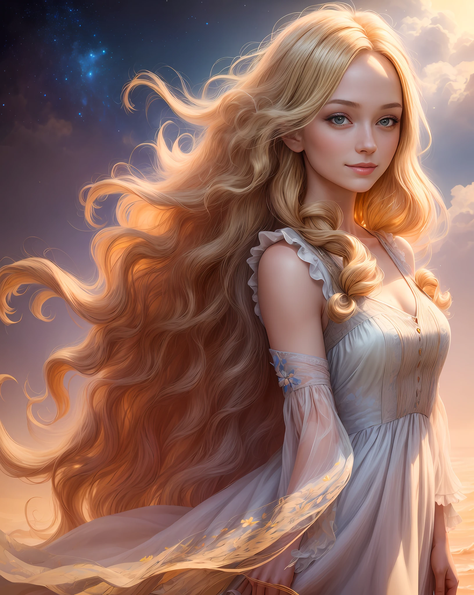 (best quality, masterpiece), young woman, pose, happy, particle, wind, flower, upper body, simple background, looking at viewer, long curly windblown blonde hair, galaxy,backlit,rimlight,beautiful artwork,perfect composition