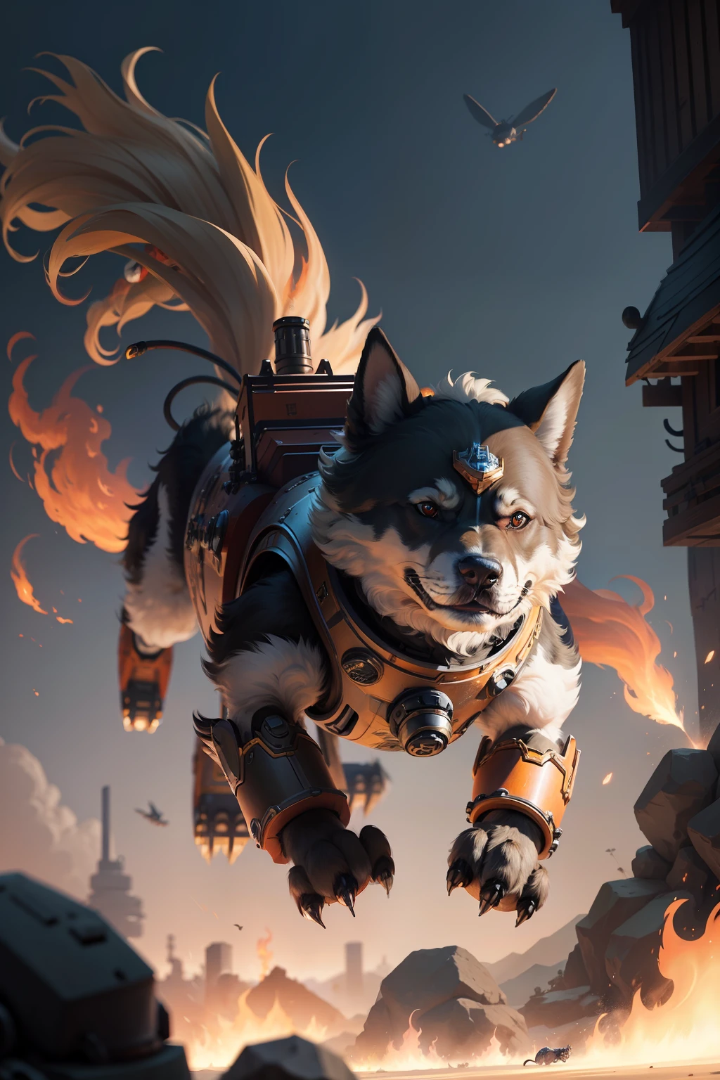 Dog-bodied robots,metalictexture,In flight,Exudes flames,Furry appearance,Mechanical warriors in a fantasy world。