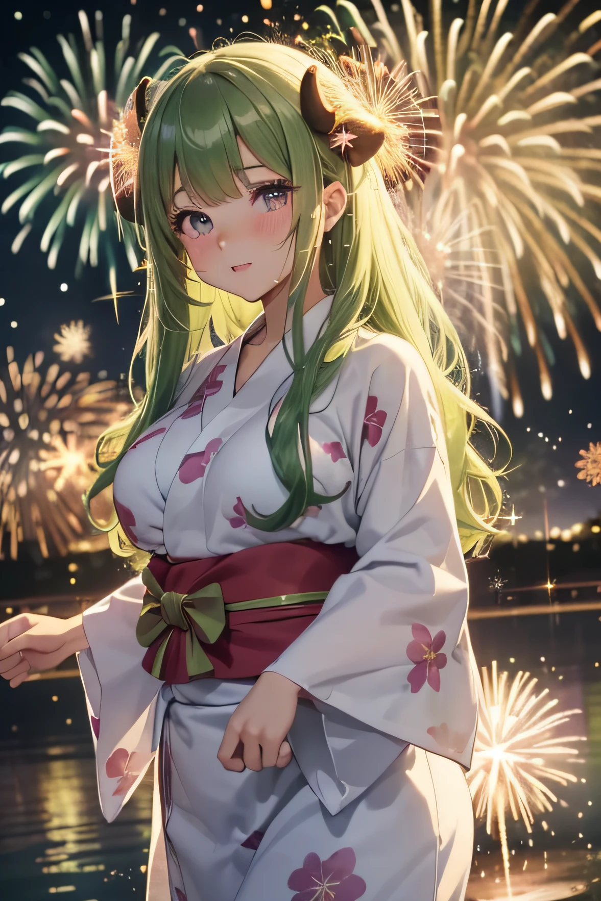 ((worst quality, low quality)), cow girl, (big breasts), ((yukata)), (long green hair), hair over one eye, plump glossy lips, beautiful clear eyes, spoken heart, leaning forward, embarrassed, heart shaped pupils, (Fireworks), Fan-like fireworks, (lake), reflection water surface, (Fireworks particles, Fireworks sparkles, Fireworks rays:1.4), masterpiece,best quality,ultra detailed,