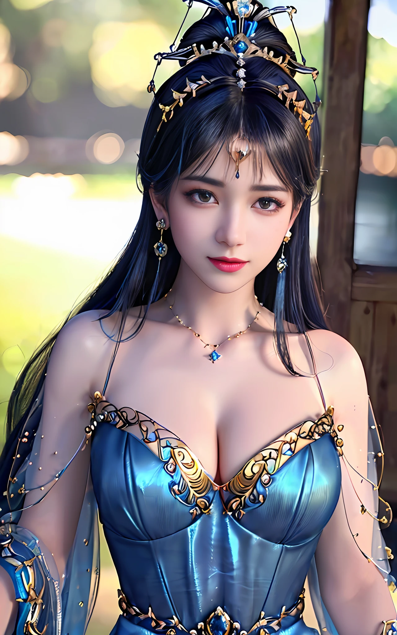 ((realisticity: 1.2)), ((best resolution: 8K UHD)), best quality,masterpiece,highres,cg,
((1 super detailed and super realistic girl)), ((very beautiful queen dazzling, super realistic, and super detailed)),((white skin, beautiful, smooth, youthful, super realistic and super detailed
)), long hair, ((super realistic and super detailed dress)), solo, ((super realistic, super beautiful, gorgeous and super detailed jewelry)), ((super beautiful, super realistic and super detailed dark blue and golden yellow dress)),
((super beautiful, super realistic, super detailed diamond filled earrings)),
  ((super beautiful, super realistic and super detailed diamond filled hair ornament)), ((super beautiful upper body, super beautiful, super realistic and super detailed)), ((big breasts: 2.5)), 
((super grand, super realistic and super detailed royal palace backgroun))
((super beautiful, super beautiful, super realistic and super detailed hair bun)), ((super beautiful, super realistic and super detailed blue hair)),
candid, Photograph, high resolution, 8k,Bokeh,