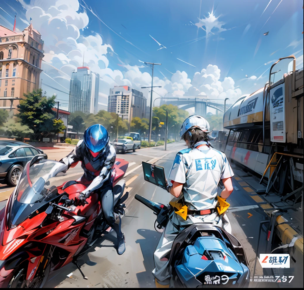 High-tech helmet，Mech helmet，The person on the left looks at the person on the right，The person on the right looks up at the sky