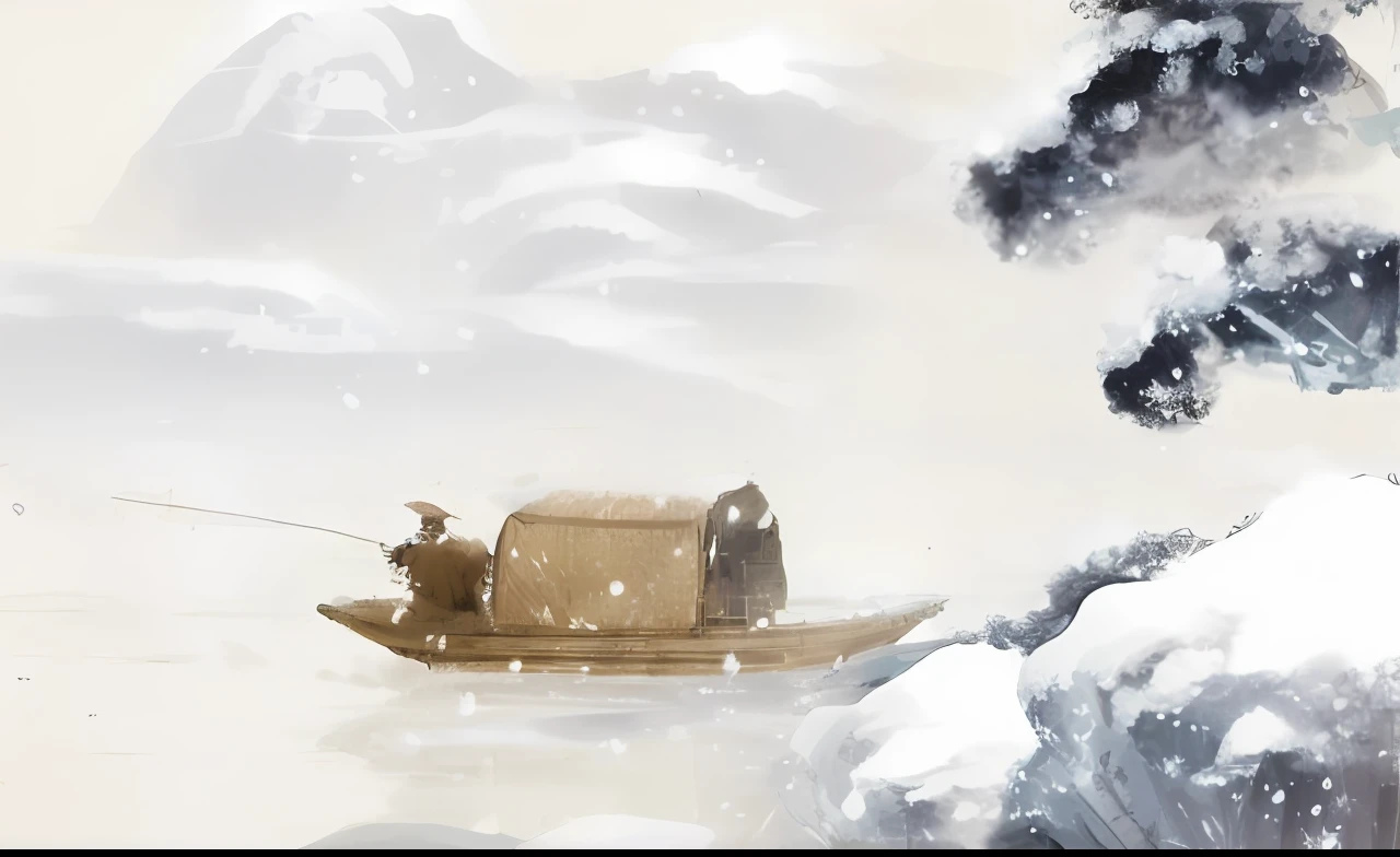 "An old man dressed in grass，With a hat，Sit on a small boat and go fishing on the river。Inspired by the ancient Chinese landscape painting style。Ancient landscape painting style，Watanabe repair、Facing Toyo，"