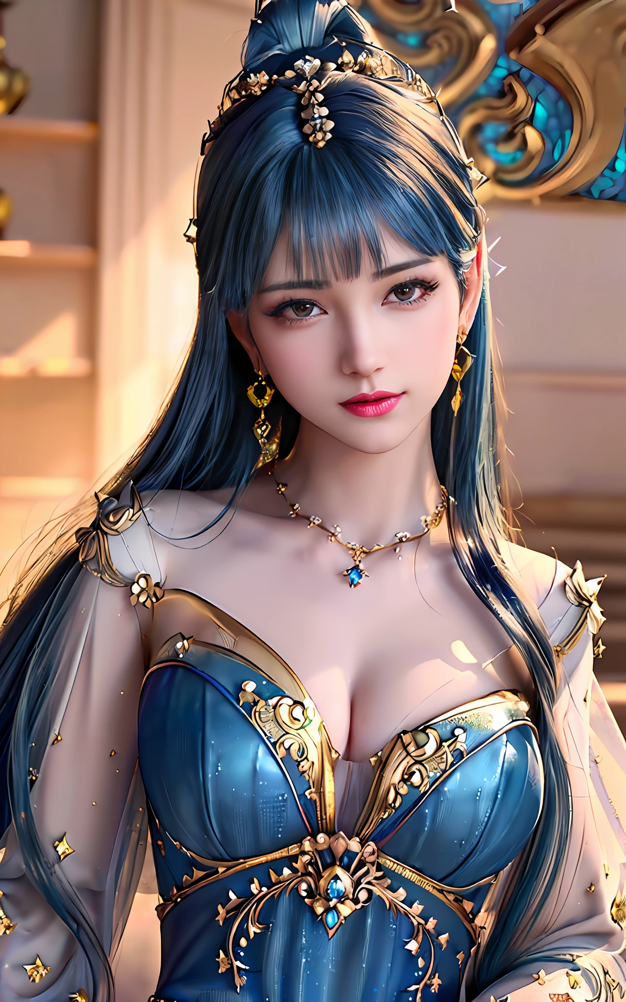 ((realisticity: 1.2)), ((best resolution: 8K UHD)), best quality,masterpiece,highres,cg,
((1 super detailed and super realistic girl)), ((very beautiful queen dazzling, super realistic, and super detailed)),((white skin, beautiful, smooth, youthful, super realistic and super detailed
)), long hair, ((super realistic and super detailed dress)), solo, ((super realistic, super beautiful, gorgeous and super detailed jewelry)), ((super beautiful, super realistic and super detailed dark blue and golden yellow dress)),
((super beautiful, super realistic, super detailed diamond filled earrings)),
((super beautiful, super realistic and super detailed diamond filled hair ornament)), ((super beautiful upper body, super beautiful, super realistic and super detailed)), ((big breasts: 2.5)),
((super grand, super realistic and super detailed royal palace backgroun))
((super beautiful, super beautiful, super realistic and super detailed hair bun)), ((super beautiful, super realistic and super detailed blue hair)),
candid, Photograph, high resolution, 8k,Bokeh,