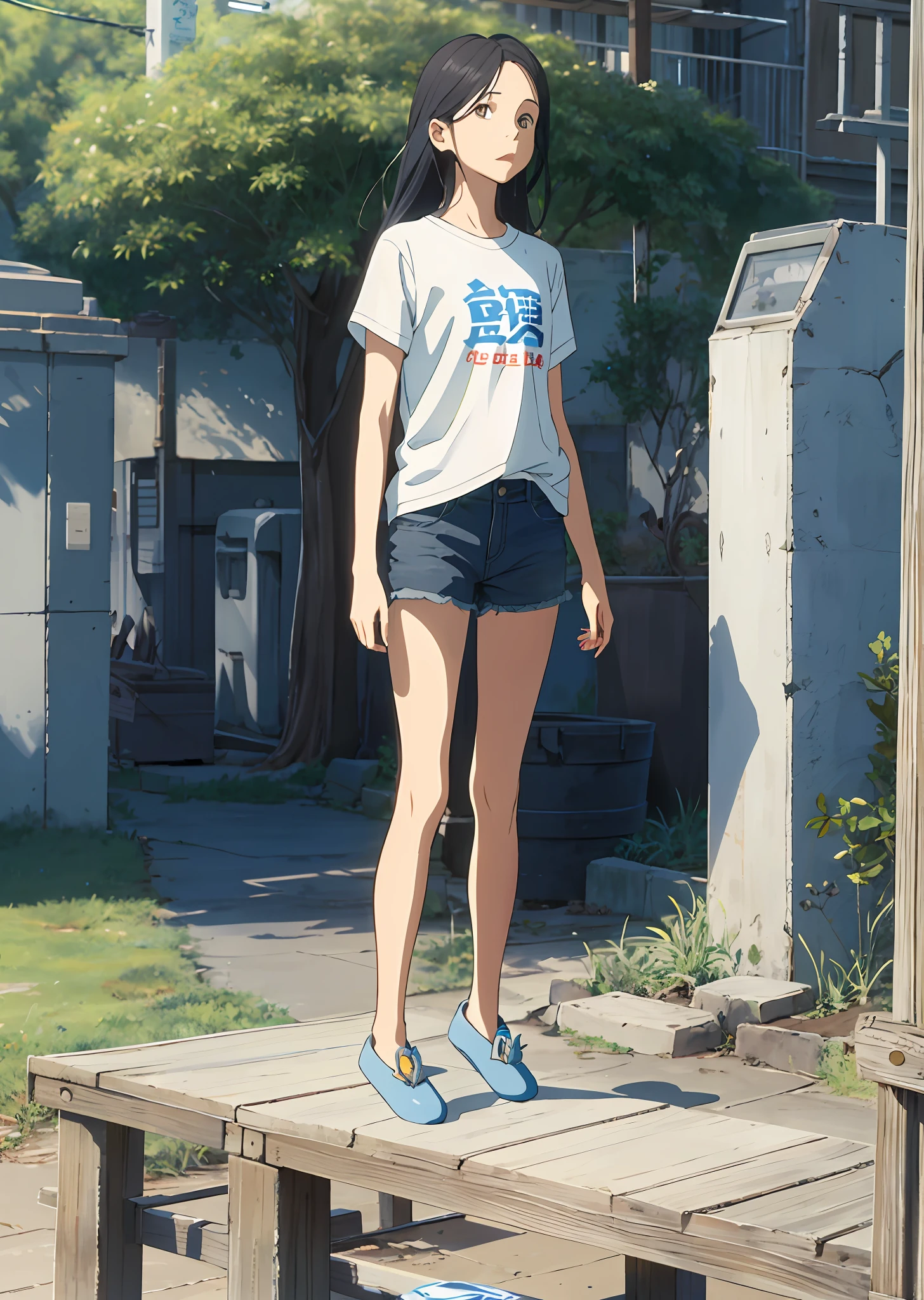 (best qualtiy)High school girl ,It is about 150cm in size,It looks relatively juvenile,Stand naturally,Posture relaxed,Loose hair,Outdoor black shorts,Loose white T-shirt,On the feet are blue slippers,The eyes have spirituality,The facial features are small and delicate。