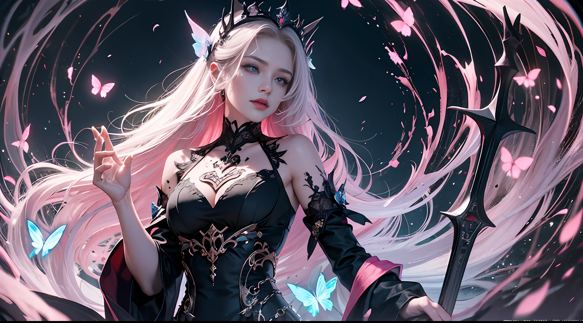 official art, unity 8k wallpaper, ultra detailed, beautiful and aesthetic, beautiful, masterpiece, best quality, Dark, atmospheric, mystery, romanticism, macabre, literature, art, fashion, Victorian, ornamental, intricate, ironwork, lace, brooding, emotional depth, supernatural, (ultra Detailed scene) , (masterpiece) , pretty girl , white thin robe , thick leg , shaped body , shaped face , Both_of_eyes_are_same , blue eyes , full body close up , putting hand like pray while standing , dark pink lips , shaped nose and ears , black straight hair , silver crown , wind blowing through the hair, thousand pink blossom twirling her like storm , ruined pray stone with rune and symble on it , has old rune as black tattoo on her neck to arm , mist under her feet , 100 mini light balls around her , (high detailed face), (ultra pretty face) , black eyebrow , long white robe , dark scene , dark fantasy art style , magic ,light ball , pink blue butterfly around her