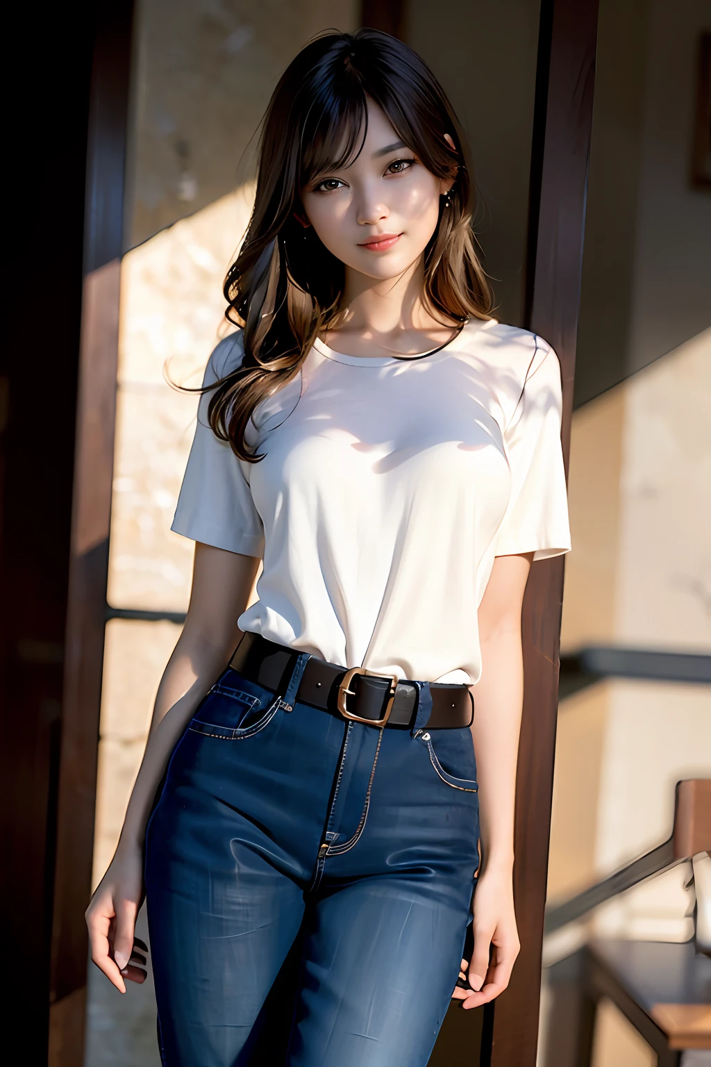 (8k, RAW photo, best quality, masterpiece:1.2), (realistic, photo-realistic:1.37), ultra-detailed, ultra high res,1 girl,looking at viewer,beautiful detailed face,smile,narrow,(slim waist:1.3),shirt, beautiful detailed skin, skin texture, floating hair,professional lighting,
