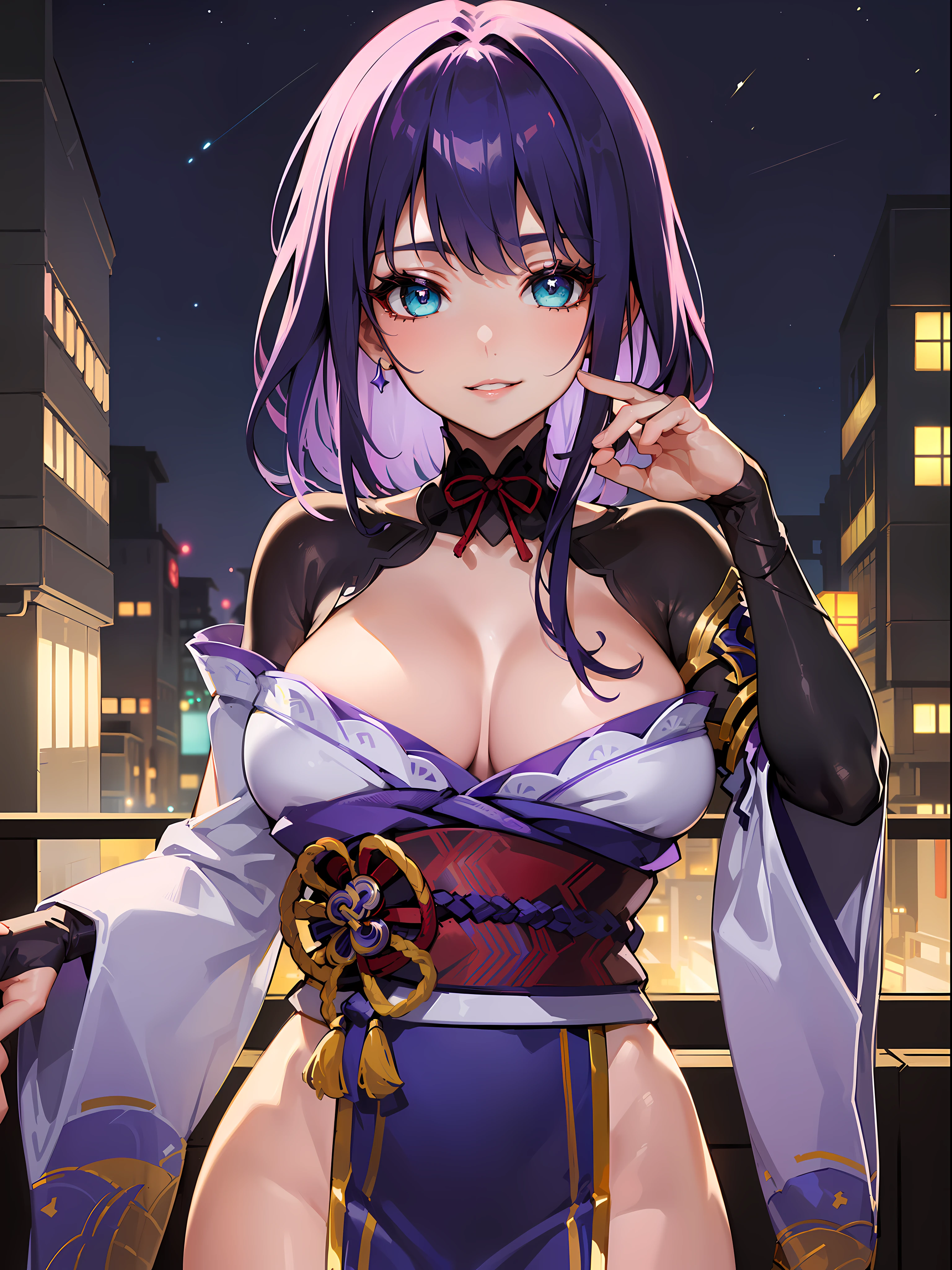 (night:1.2),(outdoors), (very detailed background), balcony, purple lightning, japanese style building, standing, facing viewer, cowboy shot, , raiden shogun,raidenshogundef, purple hair, hair ornaments, long hair, braid ponytail, (((armlet, purple japanese clothes, wide sleeves, long sleeves, thighhighs, purple kimono))), 1girl, solo, (24 years old:1.5),Beautiful Finger,Beautiful long legs,Beautiful body,Beautiful Nose, perfect eyes, perfect face,(beautiful detailed aqua eyes),((mature female:1.1)),((milf:1.1)),make up,parted lips,(shiny skin:1.1),(perfect female body:1.2),(gorgeous detailed skin),(detailed hair), looking at viewer, ((smile)), novel illustration,ray_tracing,intricate details,depth of field, extremely delicate and beautiful, (Beautiful,large breasts:1.4), (beautiful_face:1.5), (solo:1.4), (anime:1.4), (((upper body, half body shot:1.4))), (8k, masterpiece, hyperdetail:1.4)
