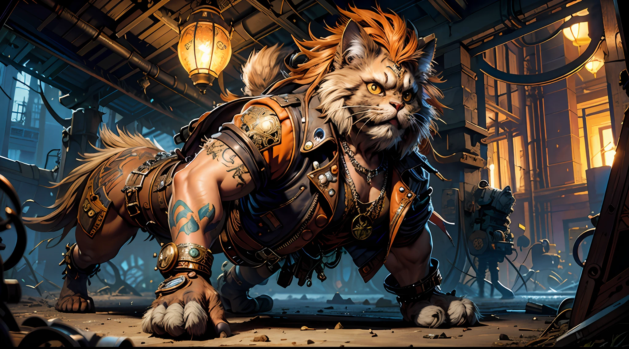 Hyper-detailed painting, Jean-Baptiste Monge style, persian cat Anthropomorphic, steampunk ,, , studded leather jacket with intricate ornamentation orange and purple , pirate steampunk theme,, , highest quality,, very angry face, body fitness, full body, long hair with braids , in the forest with butterflies