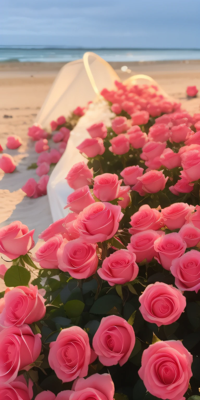 There are a lot of pink roses on the beach,There is a white cloth on it, rosses, rosette, laying on roses, Pink flowers, Beautiful flowers, Lovely, 8K)), big breasts beautiful, Pink rose, Rose background, pink rosa, rose background, Beautiful image, for a beautiful, beutifull, Rose, a few roses, very very beautiful, goodnight, Beautiful