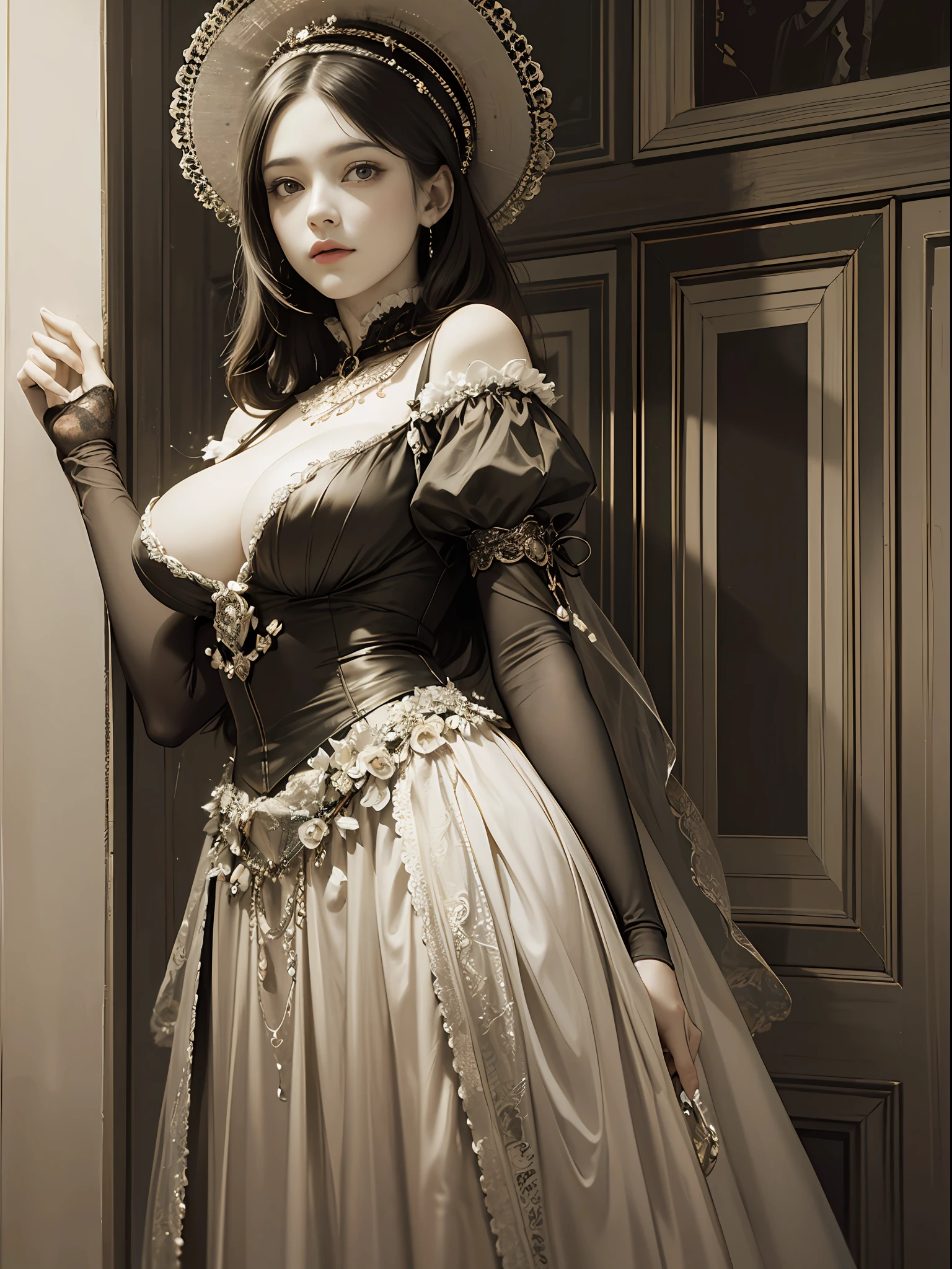 (Pure Color: 0.9), (Color: 1.1), (Masterpiece: 1,2), Top Quality, Masterpiece, High Resolution, Original, Highly Detailed Wallpaper, Beauty, Victorian, Dress, Melancholy, Big Breasts, Sepia Color, 40 years old