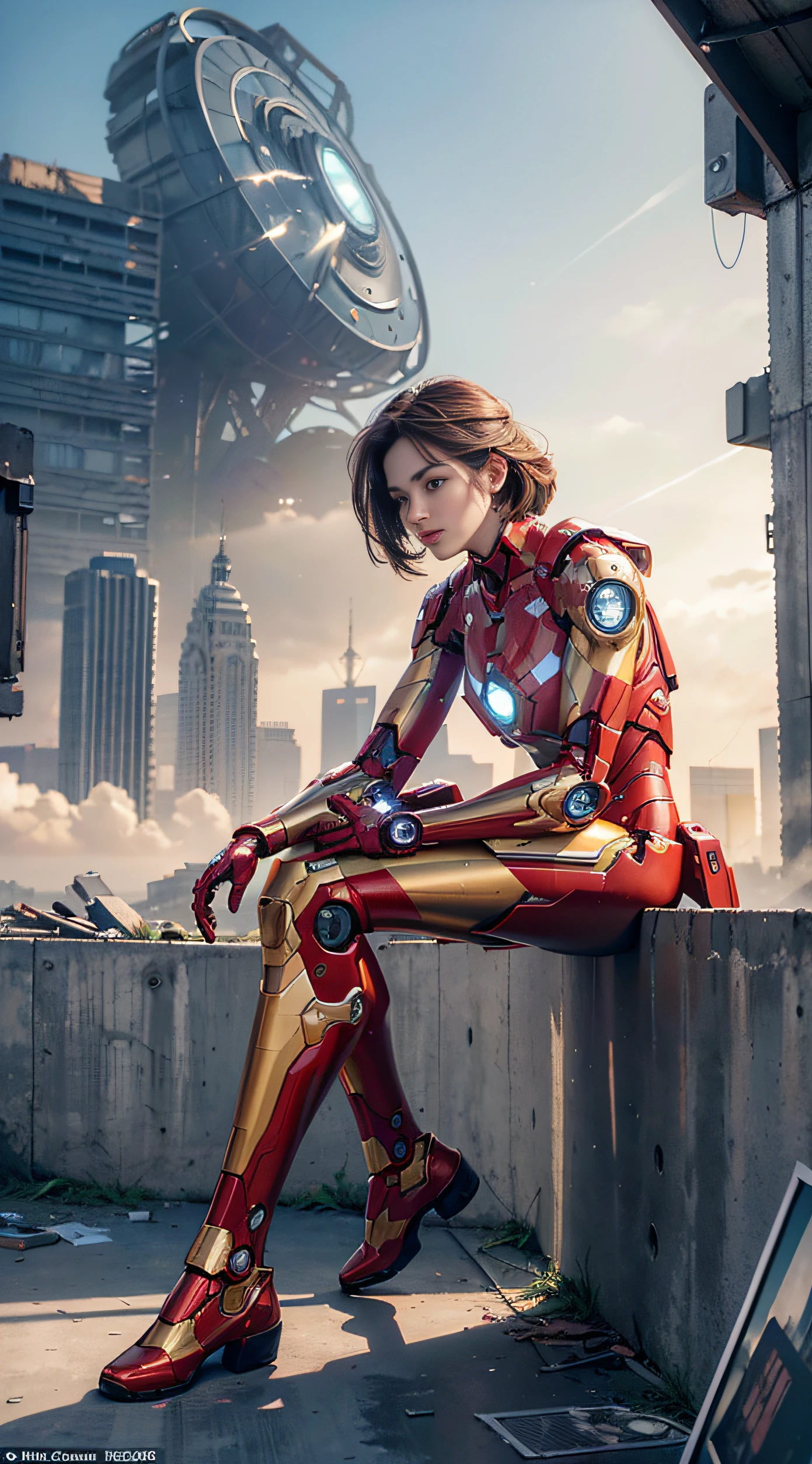 RAW, Masterpiece, Ultra Fine Photo,, Best Quality, Ultra High Resolution, Photorealistic, Sunlight, Full Body Portrait, Stunningly Beautiful,, Dynamic Poses, Delicate Face, Vibrant Eyes, (Side View) , she is wearing a futuristic Iron Man mech, red and gold color scheme, highly detailed abandoned warehouse background, detailed face, detailed and complex busy background, messy, gorgeous, milky white, high detailed skin, realistic skin details, visible pores , sharp focus, volumetric fog, 8k uhd, dslr camera, high quality, film grain, fair skin, photorealism, lomography, sprawling metropolis in futuristic dystopia, view from below, translucent