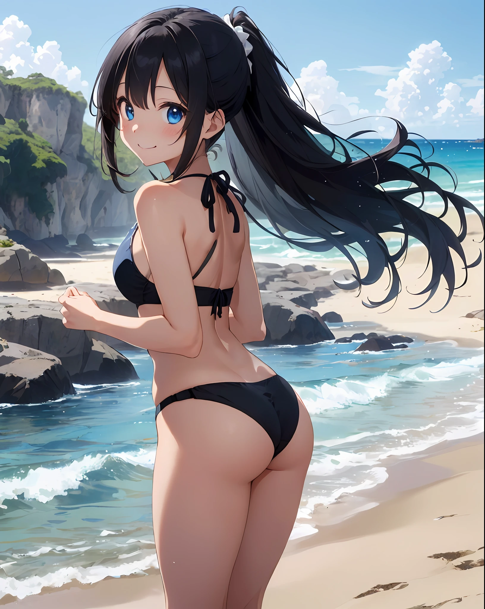 ((masterpiece))、((top-quality)、(Super Detail)、8K、Delicate depictions are filmed in anime style。
(Very long hair、Black hair and bright blue eyes、)、Half Twin Tail、Her blue eyes are highlighted。
The overall tone is brighter、she is smiling。sand beach, Summer, Black and white bikini,frilld、 Spiteful smile, Rear view、Turned、kawaii pose、
(((mare))、((Fantastic.))