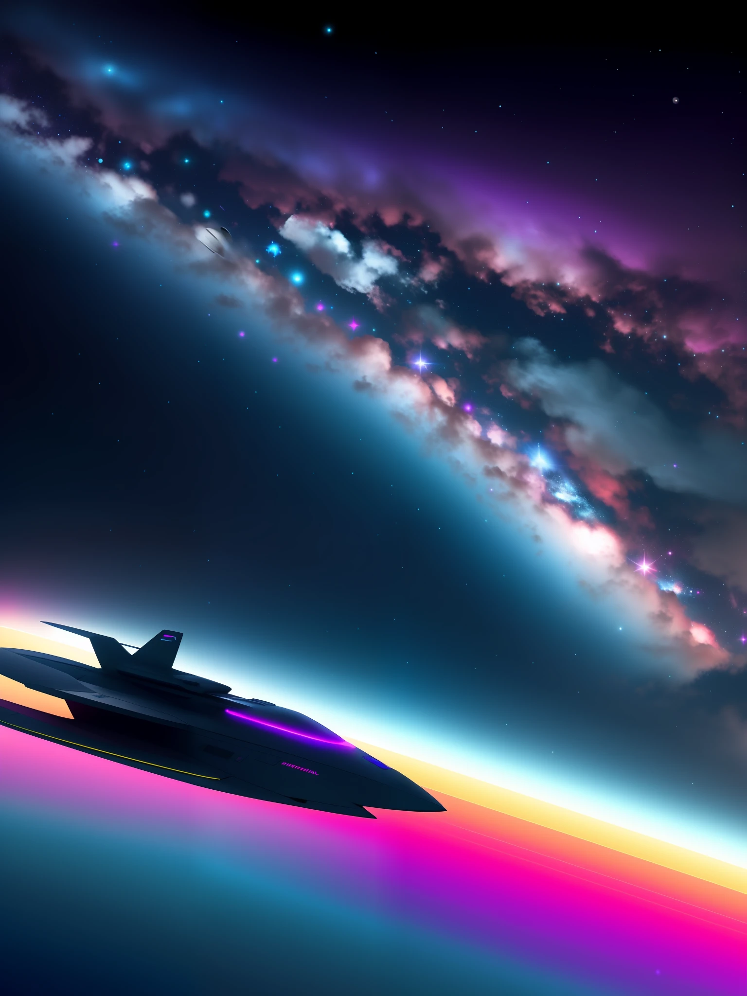 "Create an illustration of a sleek and futuristic spaceship soaring through the vast expanse of space. The spaceship's hull should glisten with a vibrant array of colors, reflecting the light of distant stars. Behind the spaceship, depict a backdrop of rich and deep cosmic hues, blending purples, blues, and pinks to create an otherworldly atmosphere. The stars should twinkle in the background, while the spaceship's propulsion system emits a dynamic burst of rainbow-colored energy, propelling it forward on its interstellar journey. Captivate the sense of adventure and wonder that comes with exploring the cosmos." 8K resolution,