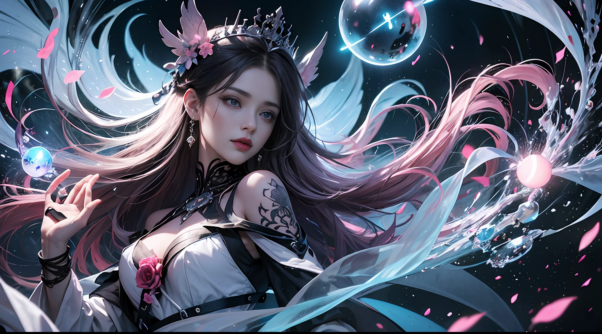 official art, unity 8k wallpaper, ultra detailed, beautiful and aesthetic, beautiful, masterpiece, best quality, Dark, atmospheric, mystery, romanticism, macabre, literature, art, fashion, Victorian, ornamental, intricate, ironwork, lace, brooding, emotional depth, supernatural, (ultra Detailed scene) , (masterpiece) , pretty girl , white thin robe , thick leg , shaped body , shaped face , Both_of_eyes_are_same , blue eyes , full body close up , putting hand like pray while standing , dark pink lips , shaped nose and ears , black straight hair , silver crown , wind blowing through the hair, thousand pink blossom twirling her like storm , ruined pray stone with rune and symble on it , has old rune as black tattoo on her neck to arm , mist under her feet , 100 mini light balls around her , (high detailed face), (ultra pretty face) , black eyebrow , long white robe , dark scene , dark fantasy art style , magic ,light ball , pink blue butterfly around her