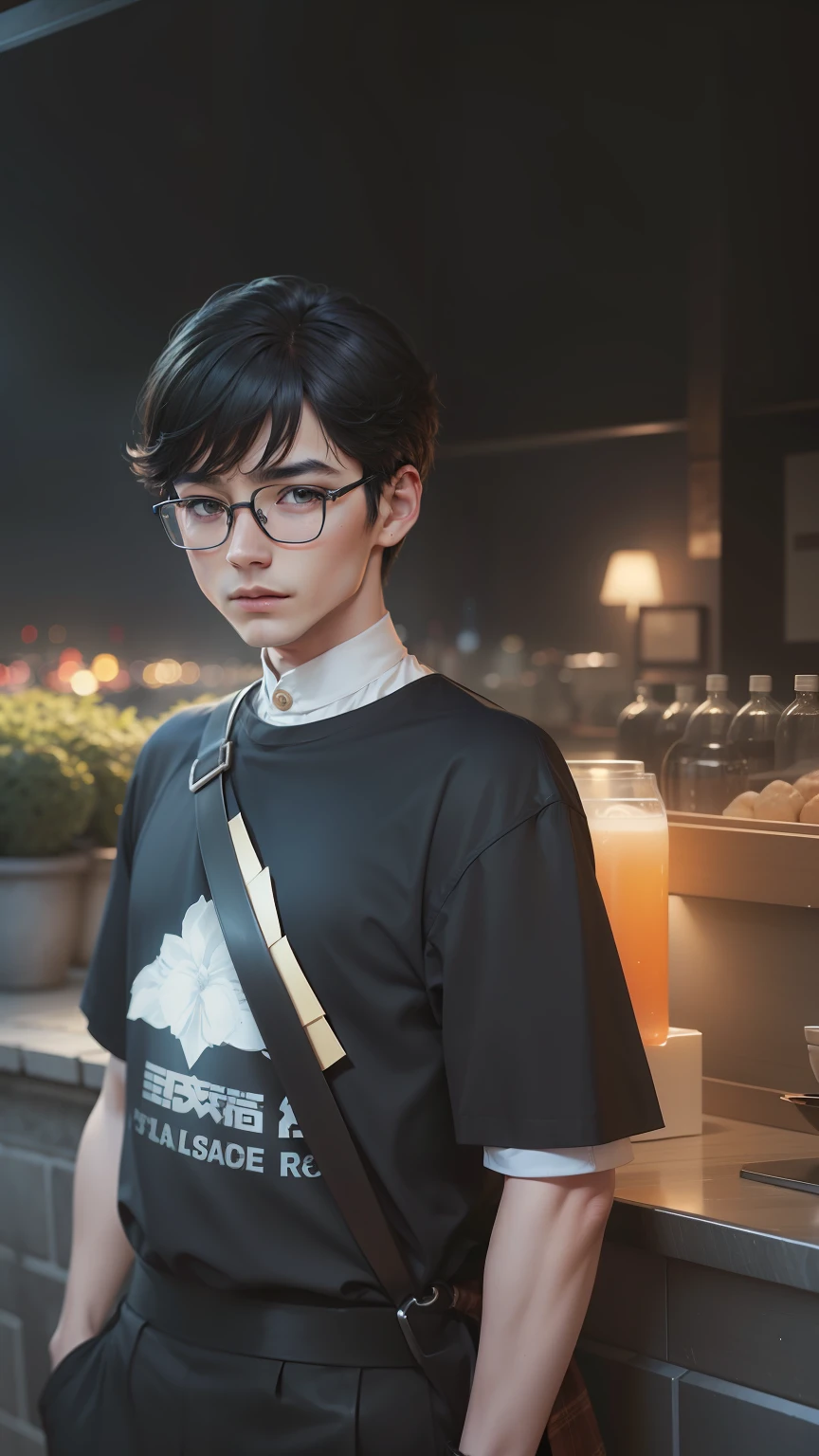 (8k, best quality, tmasterpiece:1.2), (realistic, photo-realistic:1.37), ultra - detailed, 1 boy, adolable, 独奏, Detailed café, the night, sitted, dated, (Nasal redness), (Keep one's mouth shut)flatchest, natta, Professional Dress, Sateen, (short detailed hair:1.2), Flutter NovaFrogStyle,toppless,