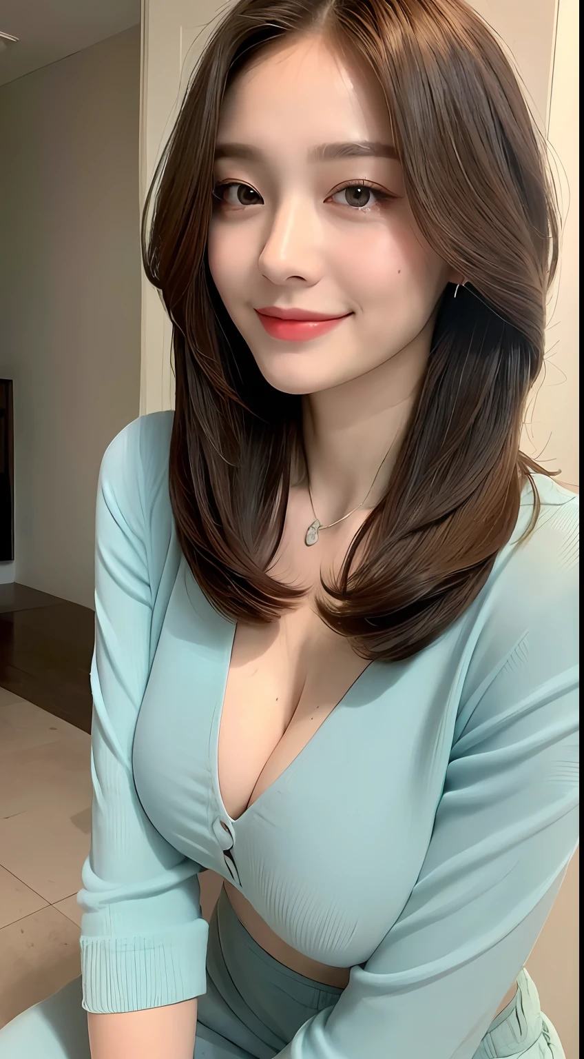 ((Best Quality, 8K, Masterpiece: 1.3)), 1girl, Slim Abs Beauty: 1.3, (Hairstyle Casual, Big Breasts: 1.2), Dress: 1.1, Super Fine Face, Delicate Eyes, Double Eyelids, Smile, Home