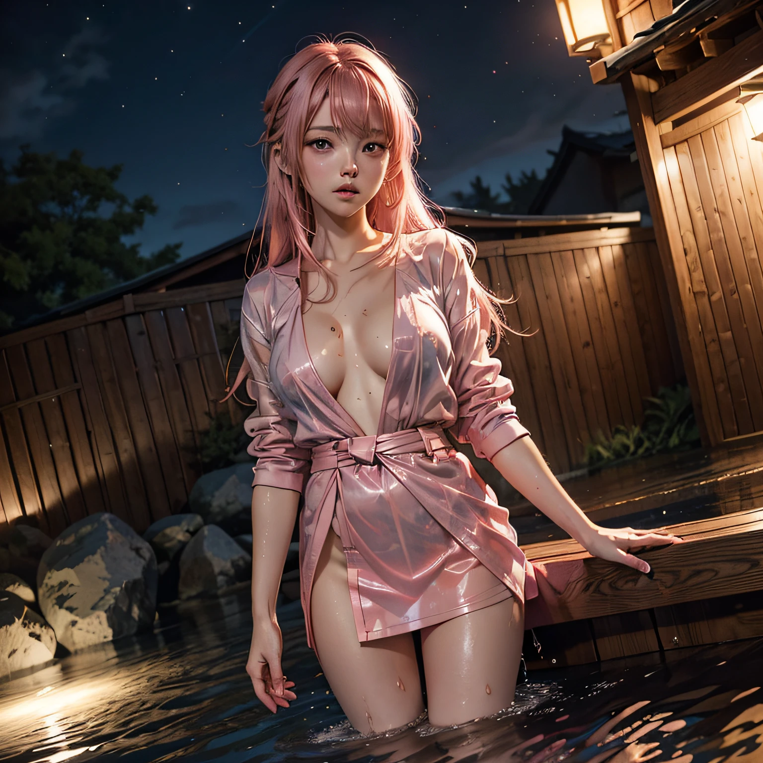 Anime girl, 20-year-old, full body, pink hair, long hair, blush, red eyes, (mouth open), no shirt, *very* short skirt, panties appearing, wet clothes, transparent clothes, (onsen), (at night time), large breasts, aroused, pubic hair appearing, groin wet, breasts appearing, woman observing