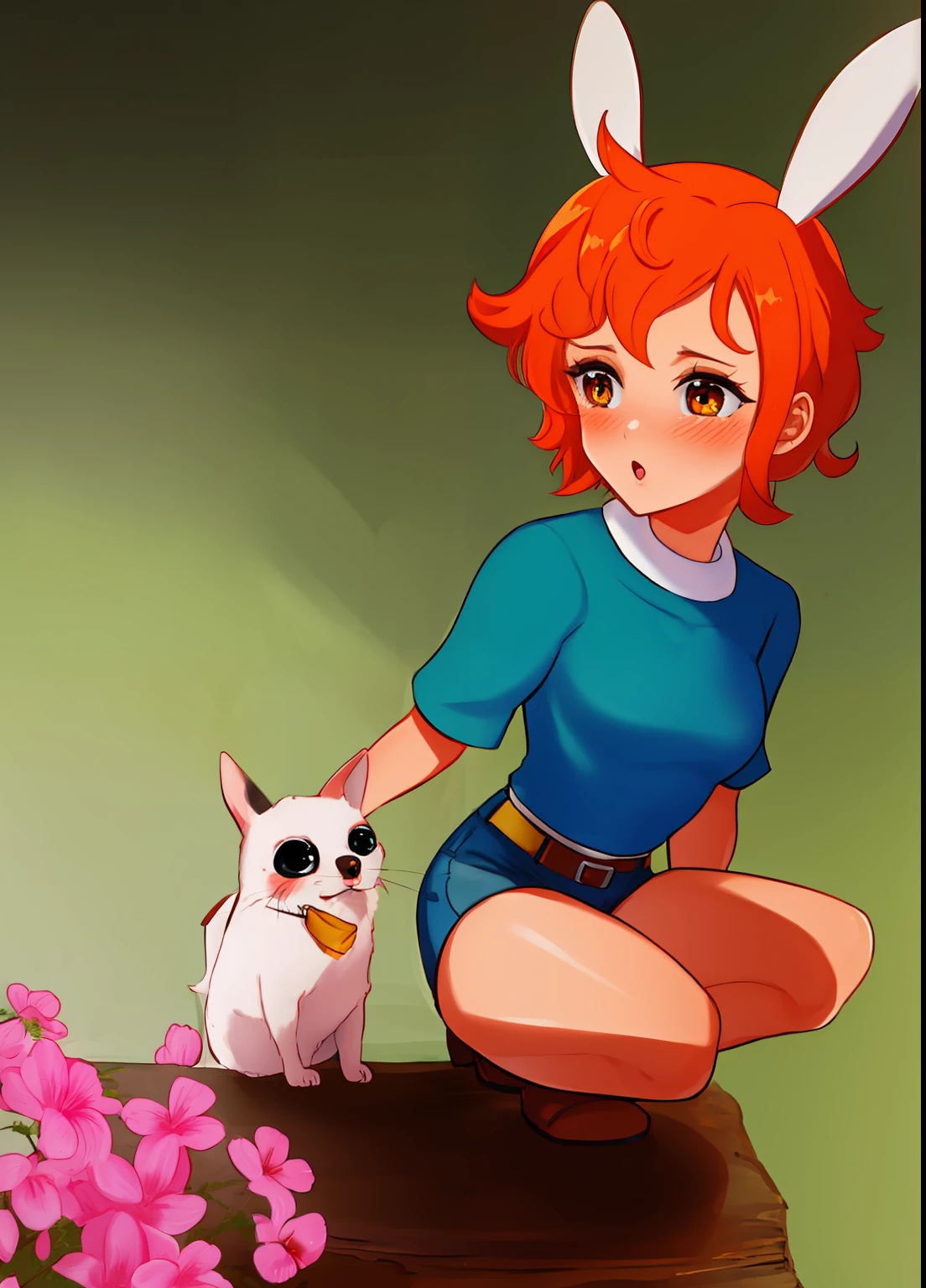 Beautiful, master part, best quality, 1girl, 
Fionna, a menina humana, Hora da Aventura, orelhas de animais, mochila, saco, orange hair, olhos alaranjados, adesivos de blush, seios, Orelhas de coelho, orelhas de animais falsas, Goriato, kalap, medium breasts, short shorts, shorts, sorrir, coxas,