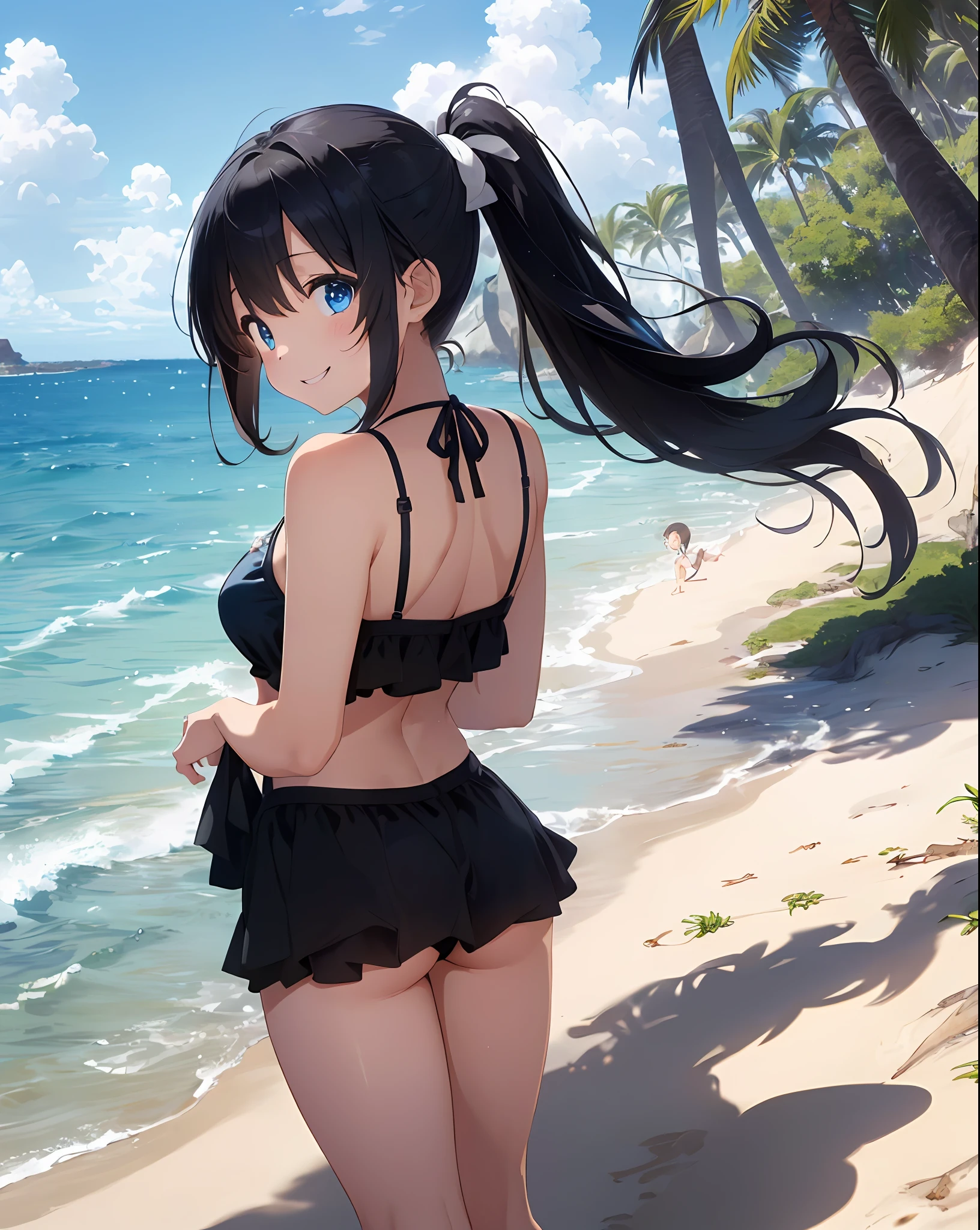 ((​masterpiece))、((top-quality)、(Super Detail)、8K、Delicate depictions are filmed in anime style。
(Very long hair、Black hair and bright blue eyes、）、Half Twin Tail、Her blue eyes are highlighted。
The overall tone is brighter、she is smiling。sand beach, Summer, Black and white bikini,frilld、 Spiteful smile, Rear view、Turned、kawaii pose、
(((mare))、((Fantastic.))