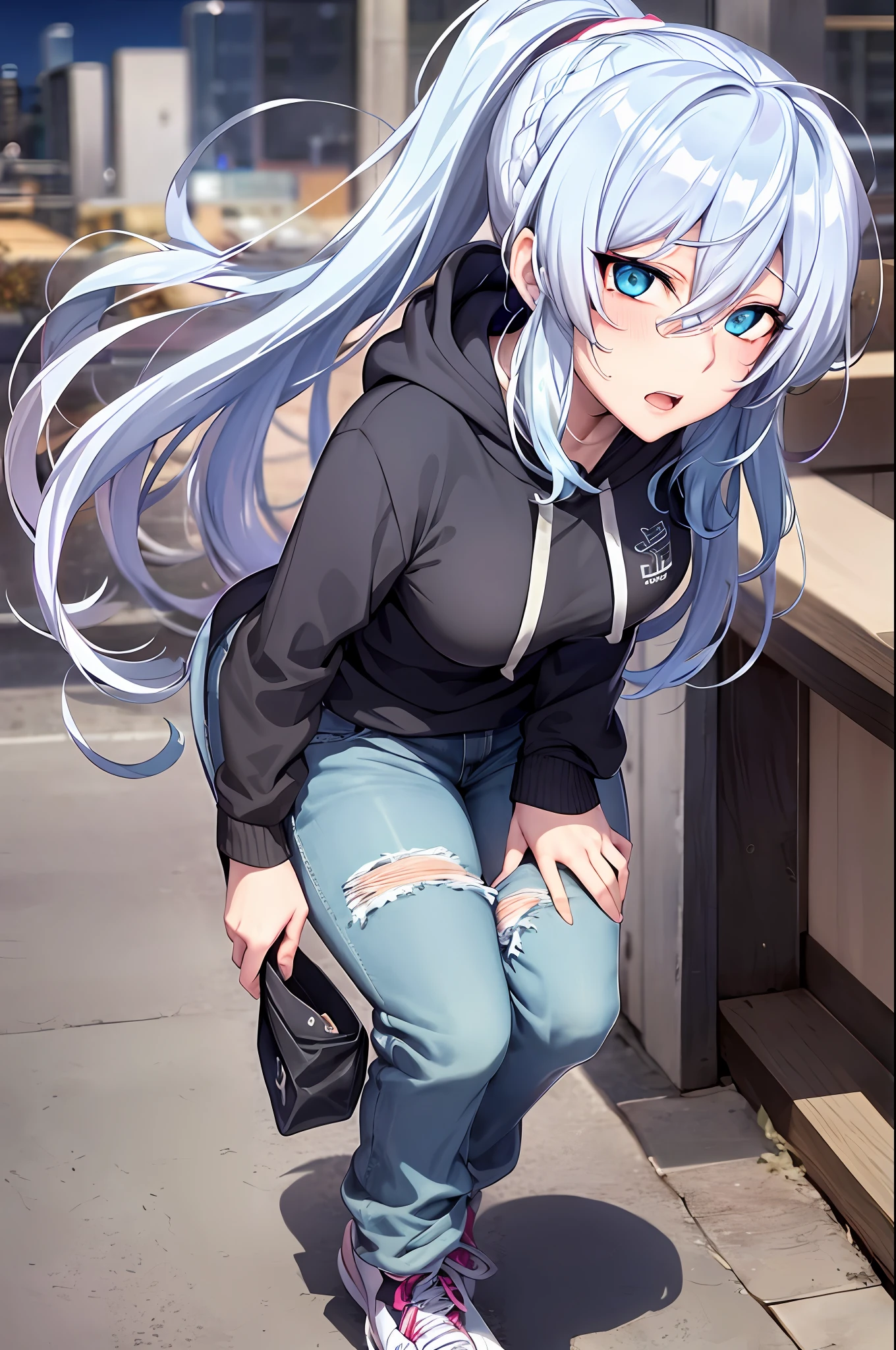 Yukino, Silver hair and eyes in a black hoodie, anime visual of a cute girl, screenshot from the anime film, & her expression is solemn, ahegao face, in the anime film, in an anime, anime visual of a young woman, she has a cute expressive face, still from anime, perfect breast