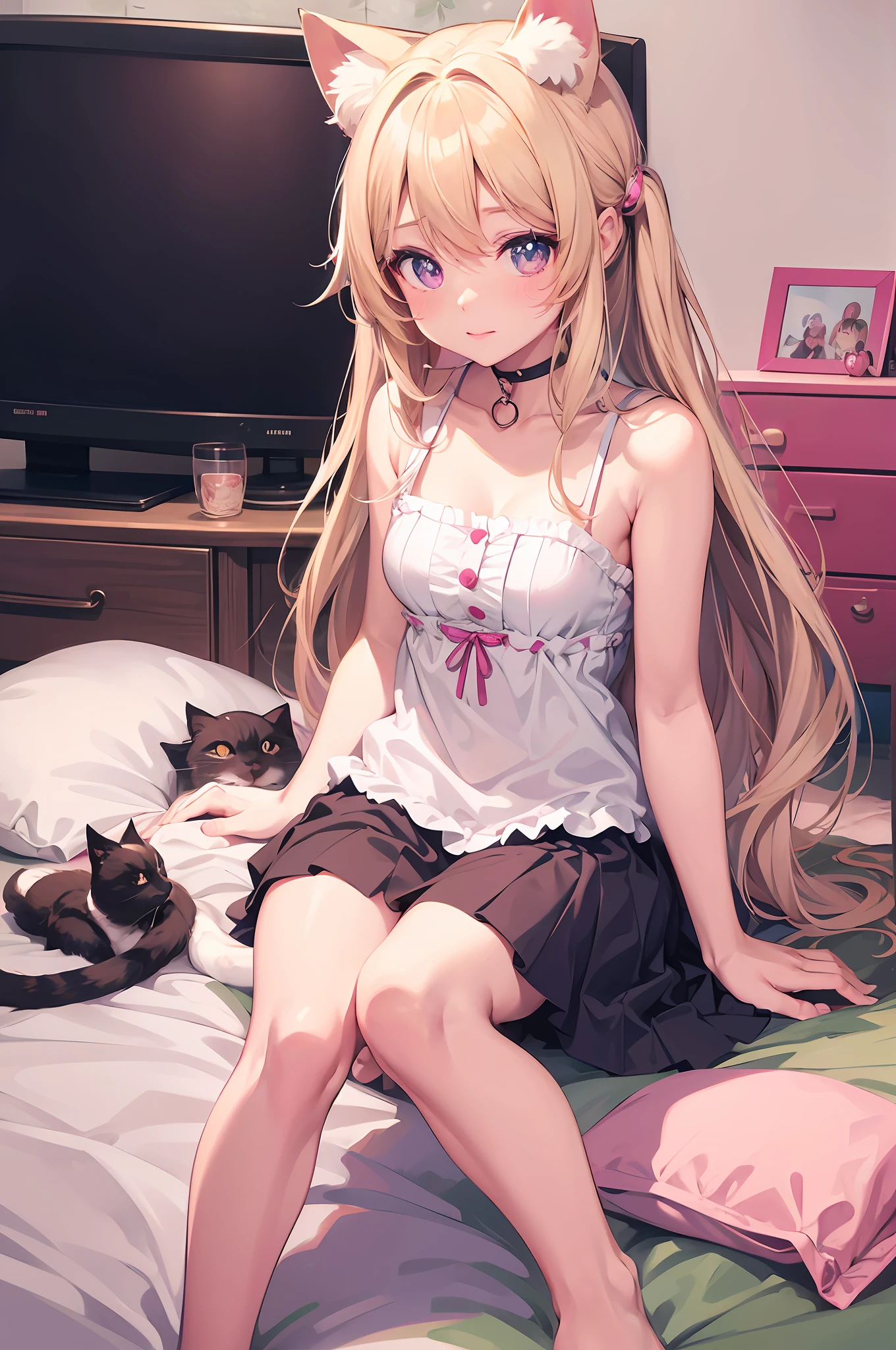 Anime girl sitting on bed with two cats and TV, cute anime catgirl, anime catgirl, beautiful anime catgirl, anime cat, anime style 4 k, Cute Anime, Very Beautiful Anime Cat Girl, very beautiful cute catgirl, Anime girl with cat ears, Anime! 4K, Anime! 4 k, Cute anime girl, catgirl