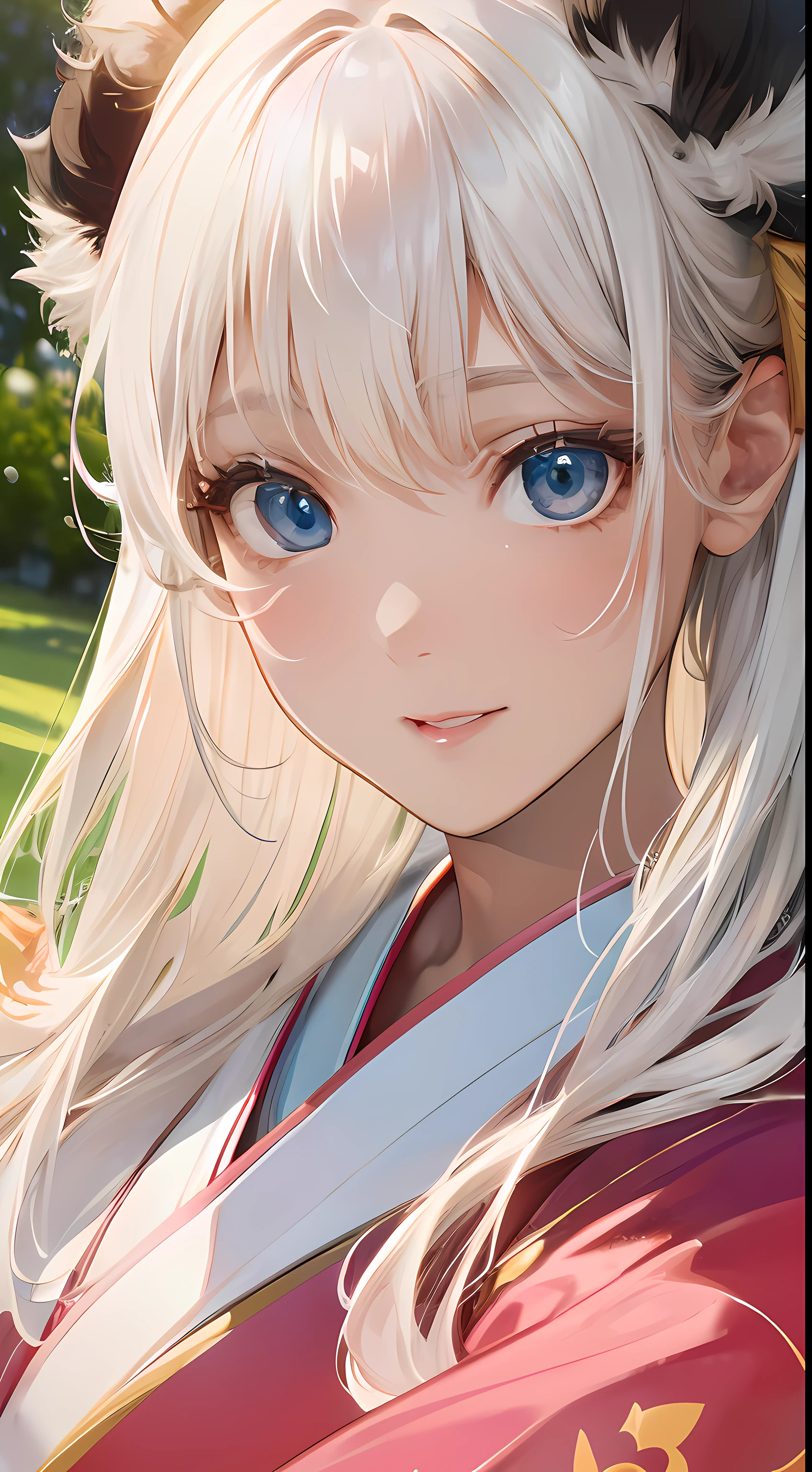 masterpiece 4k
1 girl with silky white hair, blue eyes, realistic and detailed eyes, glossy white skin, oily skin, light pink lips, slit shirt, kimono
outdoor landscape
character portrait close-up