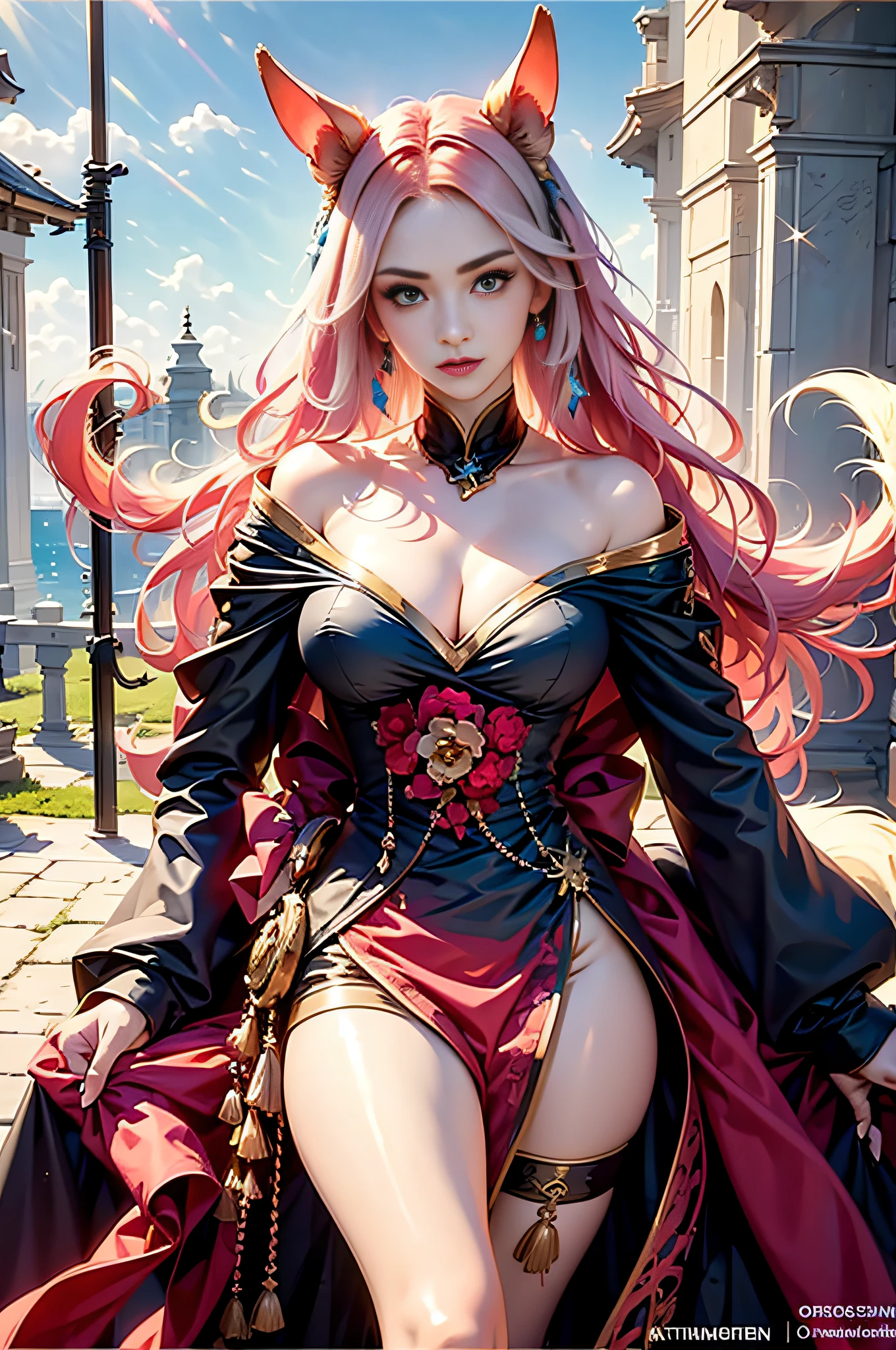Peerless beauty,Peerless looks,period costume,Personable girl,Thick eyebrows,tall nose bridge,exquisite facial features,Great chivalry,protruding ears,Melon seed face,8K resolution,ancient wind,bust,Coiled hair,cabelos preto e longos,pony tails,Crossed coat(Red and white)Neck with embroidery,Fill your face,Fill the mouth with light,,Peerless beauty men and women