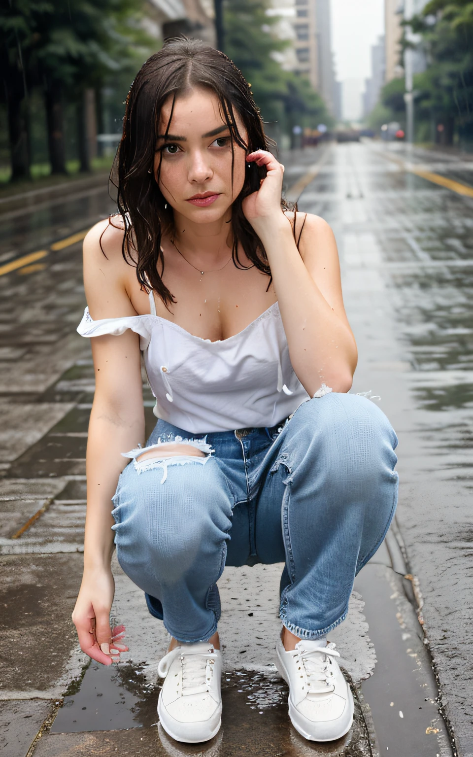 Perfect best image quality, masutepiece, 超A high resolution, (fidelity: 1.4), Photo, 1 woman, (Caucasian, European) White shirt, torn jeans, White sneakers, Dim, Dark, Despair, pity, Poor, Furious, movie, Tears, Tears, (Torn clothes: 1.5), (Wet clothes: 1.4), Bare shoulders, Real rain, Wet hair、((Body Portrait))、