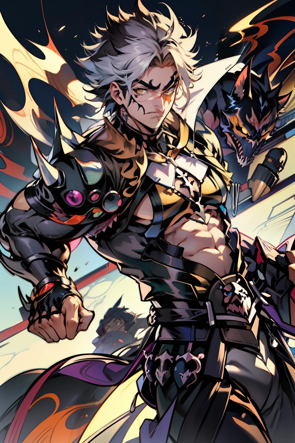 《the original god》Arataki Kazuto , male people,,((Masterpiece)), ((Best quality)), Ultra detailed,((illustration)), Dynamic Angle, Detailed light, (Delicate eyes), Floating, 1boy, Male focus, Head, Clothing, Yellow eyes, necklace, tattoo, (Forehead:0.8), (ahoge:0.8), jewelry, apathy,Ray, chest muscle, Sexy , Venom symbiote for your body, Black mucus of the body , (into venom), Venom,frontage,style of anime4 K, 4K anime wallpaper, Badass anime 8 K, 4 k comic wallpaper, young anime man, Anime boys, Anime wallpapers 4 k, Anime wallpaper 4K, High quality anime art style, Anime moe art style, Anime art wallpaper 8 K, Anime art wallpaper 4 K, RGB lighting
