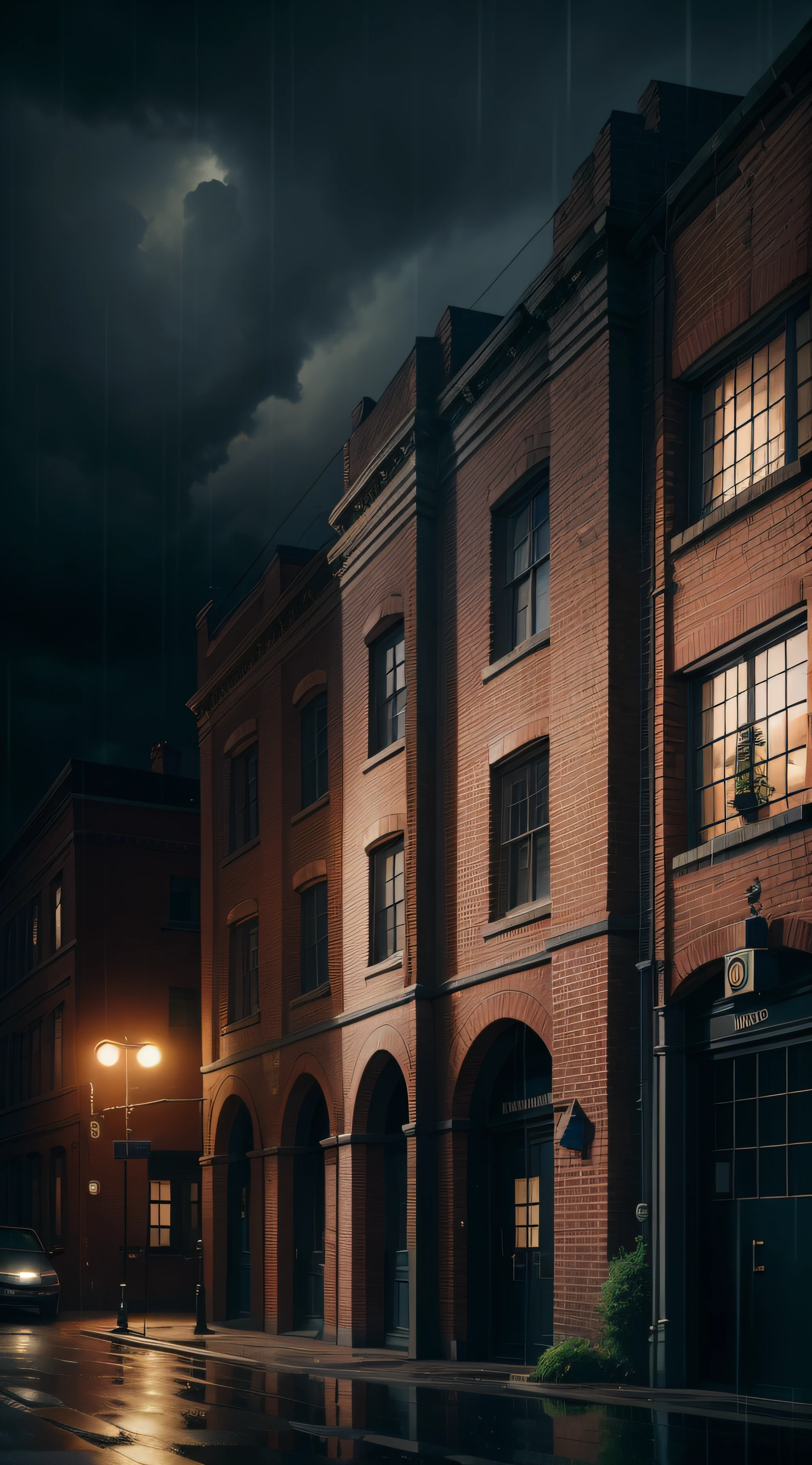 Police Station, brown bricks, old architecture, dark sky, raining