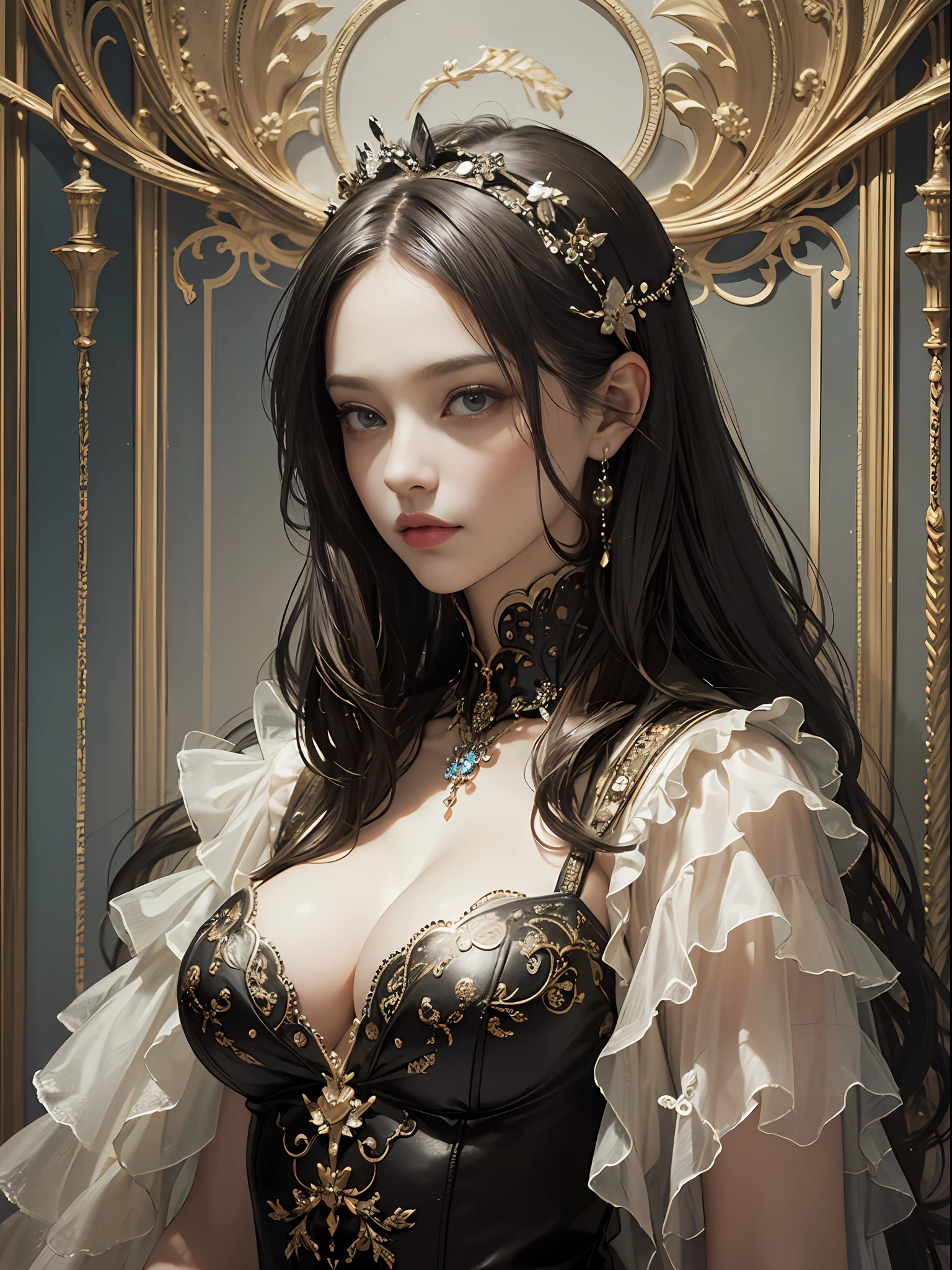 (Pure Color: 0.9), (Color: 1.1), (Masterpiece: 1,2), Top Quality, Masterpiece, High Resolution, Original, Highly Detailed Wallpaper, Beauty, Victorian, Dress, Melancholy, Big Breasts, Sepia Color, 40 years old