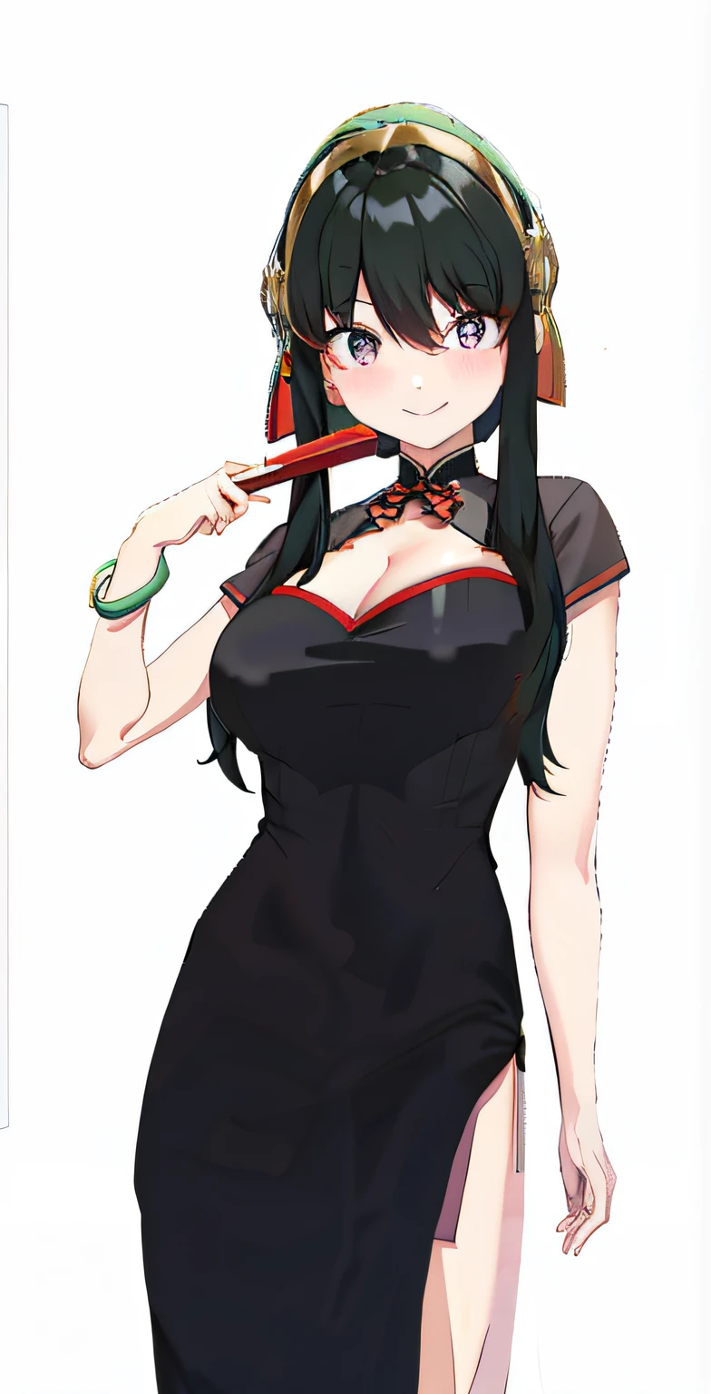 Anime girl in black cheongsam,Holding a folding fan,