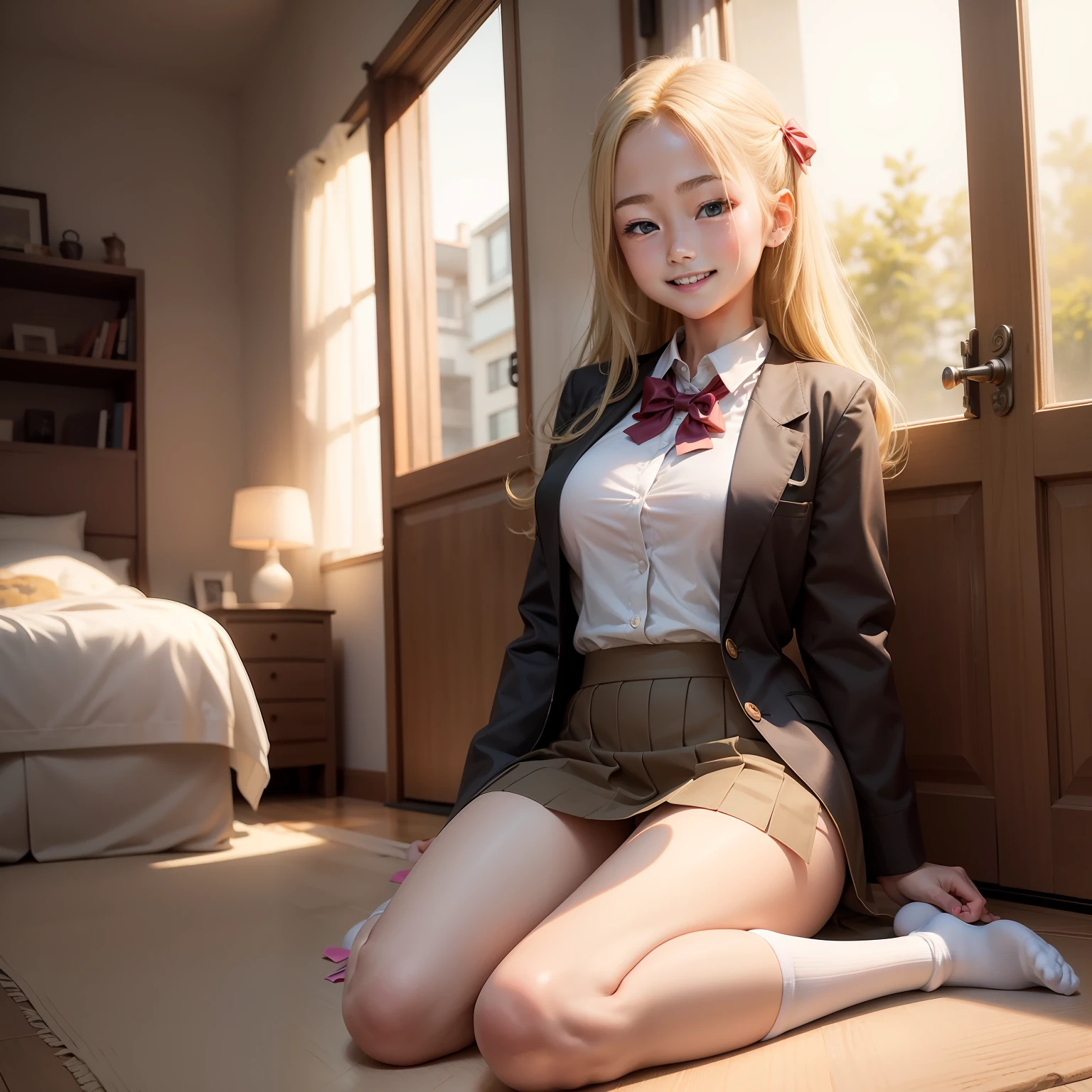 13Year old girl 校服 blazers A smile long Blonde hair top-quality masterpiece 超A high resolution beautiful a girl Colossal tits Loose socks Excellent style