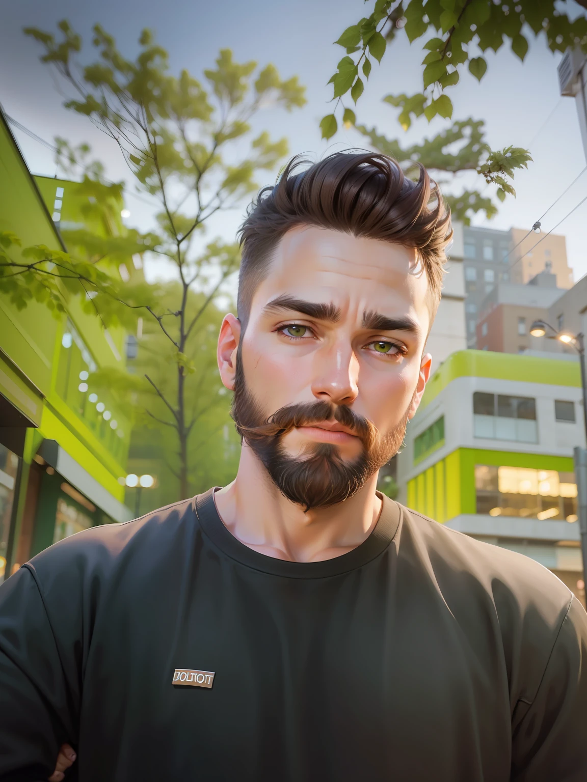 Adult man with beard and dark brown hair, dark brown eyes, black sweatshirt with green details, in a city at night