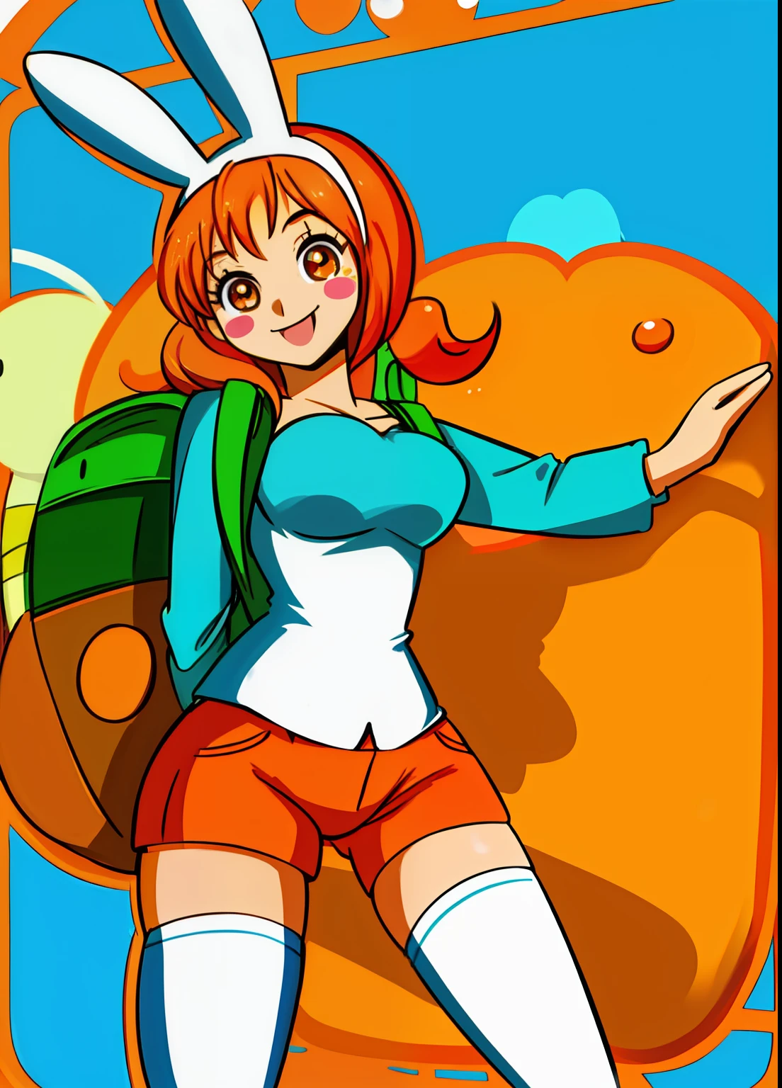 beautiful, masterpiece, best quality, 1girl, 
fionna the human girl, adventure time, animal ears, backpack, bag, orange hair, orange eyes, blush stickers, breasts, rabbit ears, fake animal ears, goriate, hat, medium breasts, short shorts, shorts, smile, thighhighs,