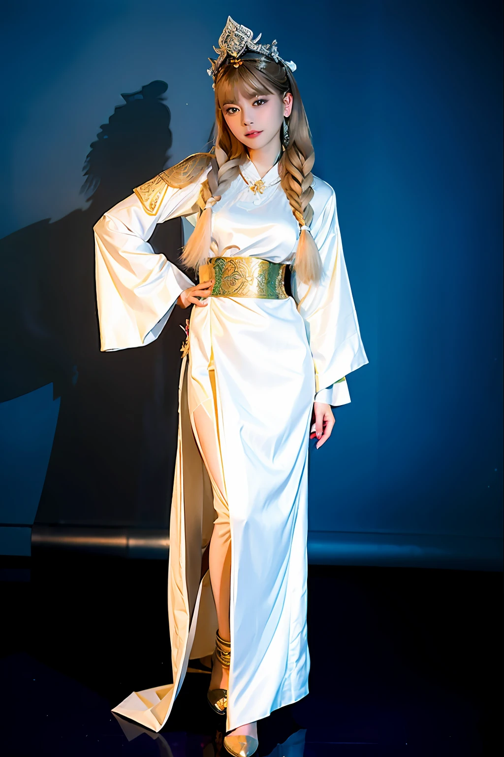 wears a white dress，An Alafi woman with a crown on her head, White Hanfu, dressed with long fluent clothes, lalisa manobal, Wearing robes, inspired by Jin Nong, elegant ancient greek dress, a stunning young ethereal figure, Inspired by Huang Ji, sun yunjoo, ancient white dress, Ethereal beauty, lalisa manoban of blackpink