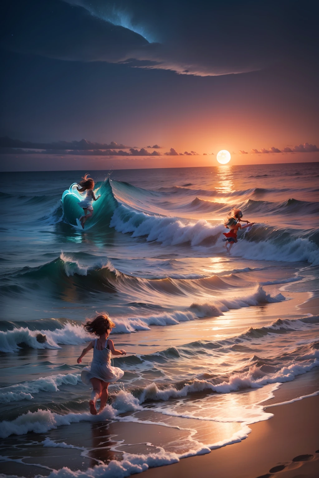 beachside,Glowing waves,the night,Orange moon,The back of two small babies running by the sea,Glowing back,Wearing a white dress,Glowing,3Dtrue,cute-style,Soft cute style,Beautiful and romantic,8K,3Drenderingof,