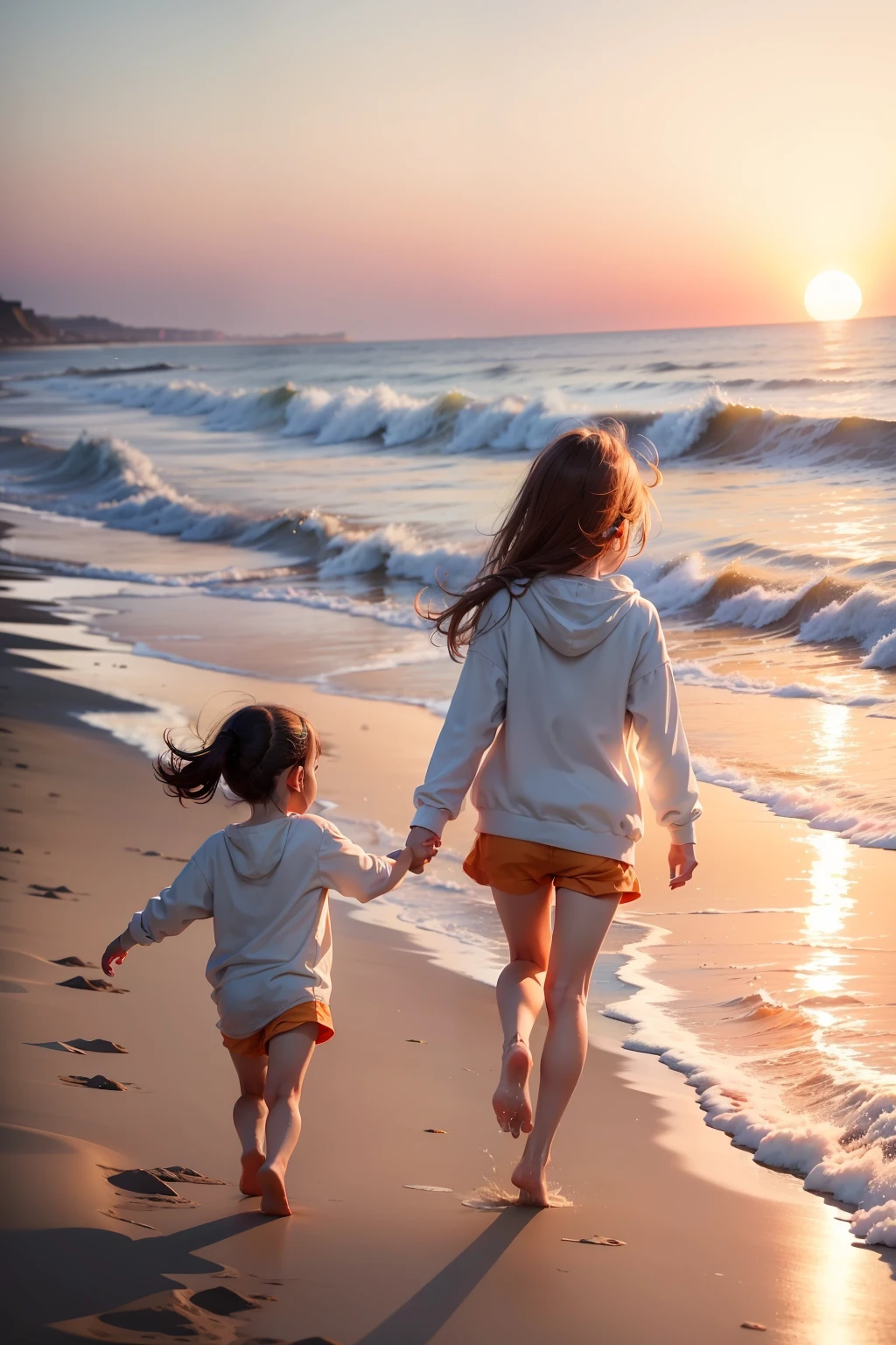 beachside,early evening,Warm orange glow,The back of two small babies running by the sea,Dressed in white,Glowing,3Dtrue,cute-style,Soft cute style,Beautiful and romantic,8K,3Drenderingof,Beautiful sunset