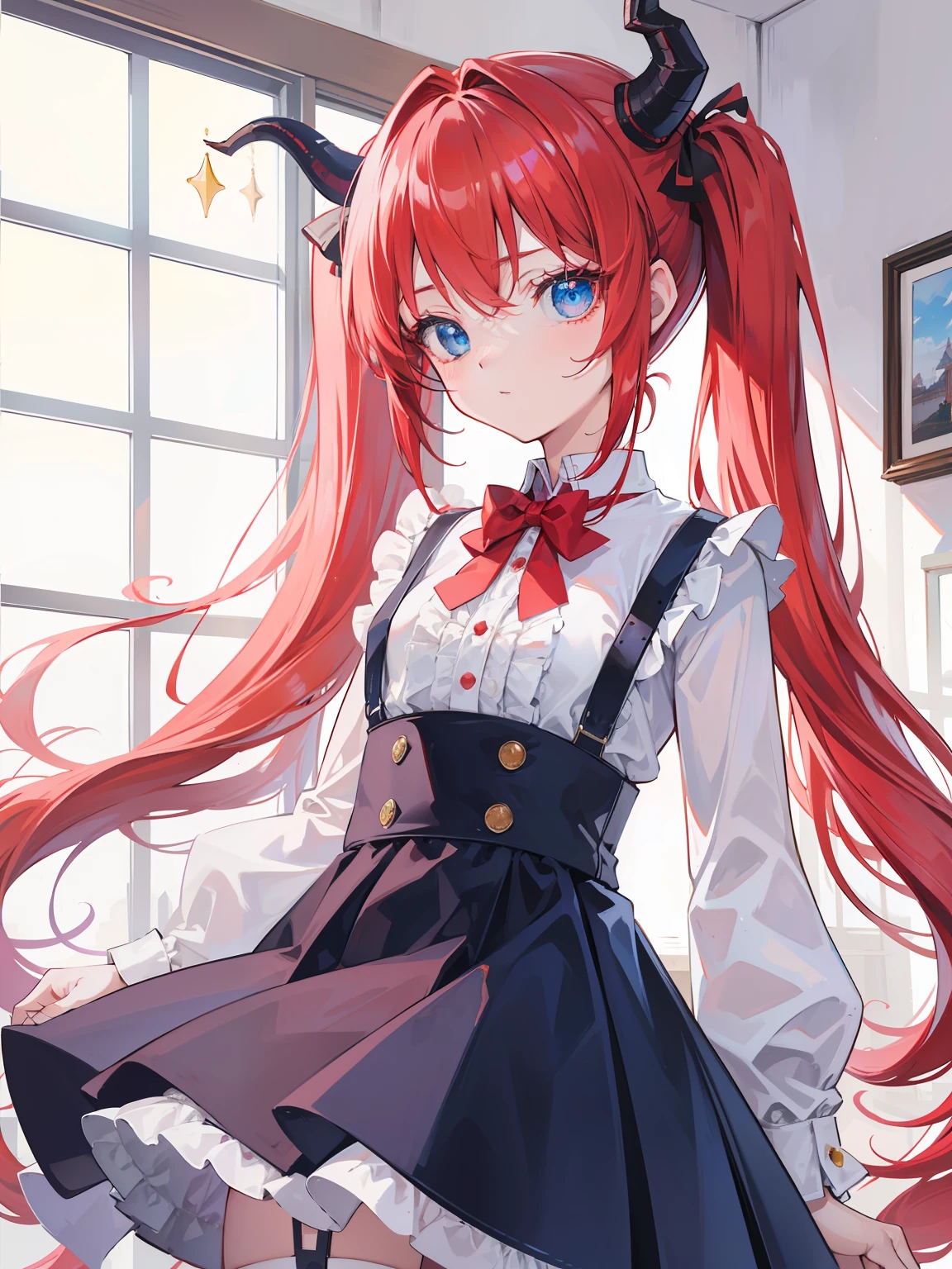 {{best quality}}, {{masterpiece}}, {{ultra-detailed}}, {illustration}, {detailed light}, red hair,blue eyes,twintails,lolita,Suspenders skirt,Fantastic,loli,solo,Dragon horns, girl,long hair