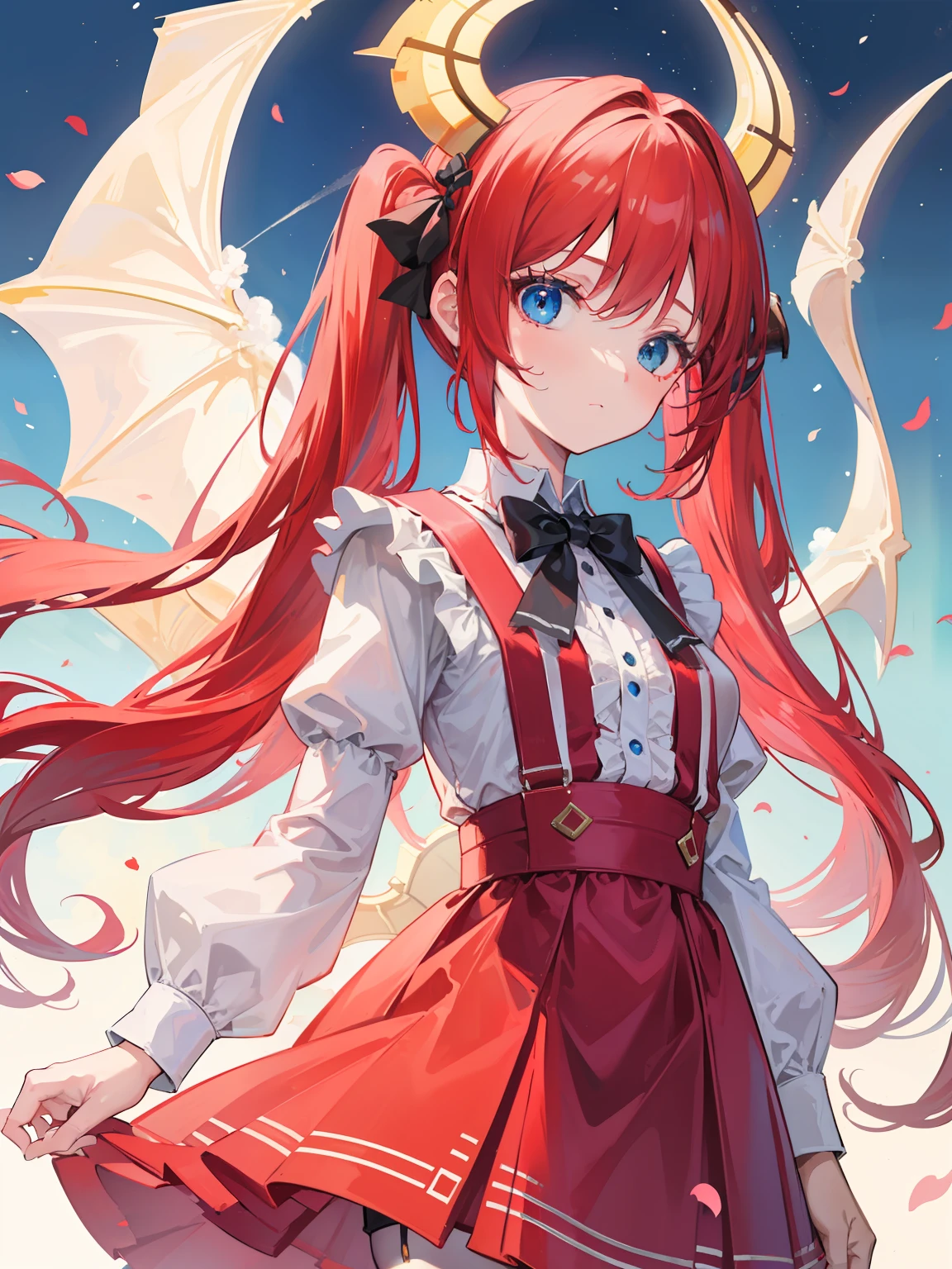 {{best quality}}, {{masterpiece}}, {{ultra-detailed}}, {illustration}, {detailed light}, red hair,blue eyes,twintails,lolita,Suspenders skirt,Fantastic,loli,solo,Dragon horns,little girl,long hair