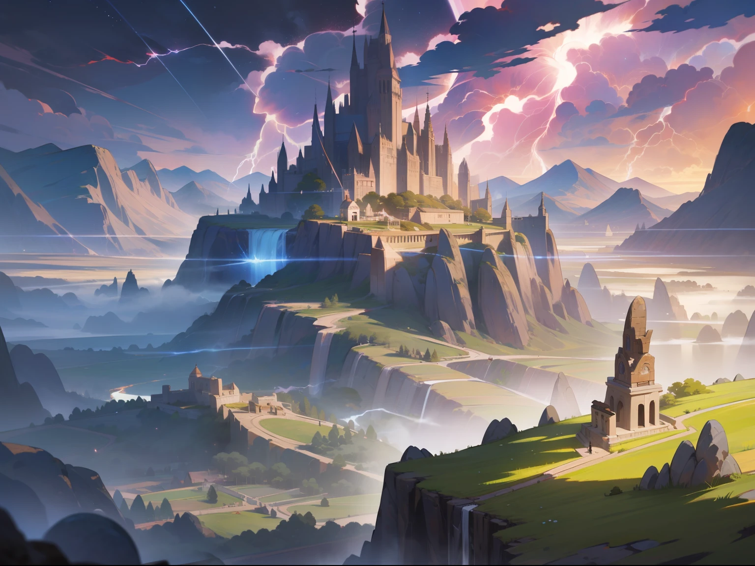 tmasterpiece，Best quality at best，astounding，Close-up view of distant mountains，A valley full of lightning，Floating mysterious island，Ancient times，Ancient European continent