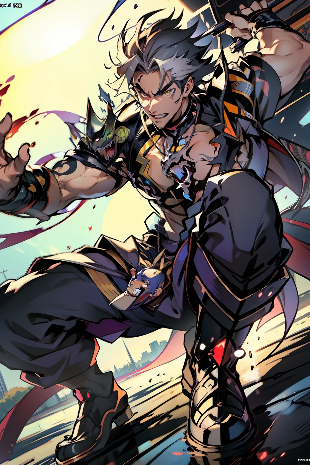 《the original god》Arataki Kazuto , male people,,((Masterpiece)), ((Best quality)), Ultra detailed,((illustration)), Dynamic Angle, Detailed light, (Delicate eyes), Floating, 1boy, Male focus, Head, Clothing, Yellow eyes, necklace, tattoo, (Forehead:0.8), (ahoge:0.8), jewelry, apathy,Ray, chest muscle, Sexy , Venom symbiote for your body, Black mucus of the body , (into venom), Venom,frontage,style of anime4 K, 4K anime wallpaper, Badass anime 8 K, 4 k comic wallpaper, young anime man, Anime boys, Anime wallpapers 4 k, Anime wallpaper 4K, High quality anime art style, Anime moe art style, Anime art wallpaper 8 K, Anime art wallpaper 4 K, RGB lighting