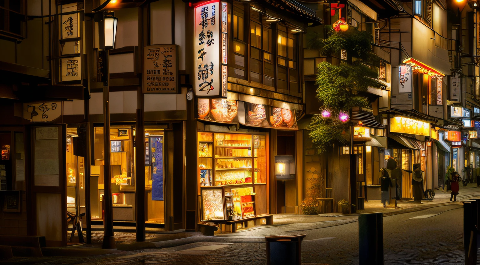 There are several shops on the street and a night view of people walking, in a japanese town at night, warm street lights store front, japanese downtown, street japan, japanese city at night, japan at night, japanese town, kyoto inspired, quiet tokyo alley at night, old man in tokyo at night, in tokyo at night, ryokans and edo era houses, Japan city