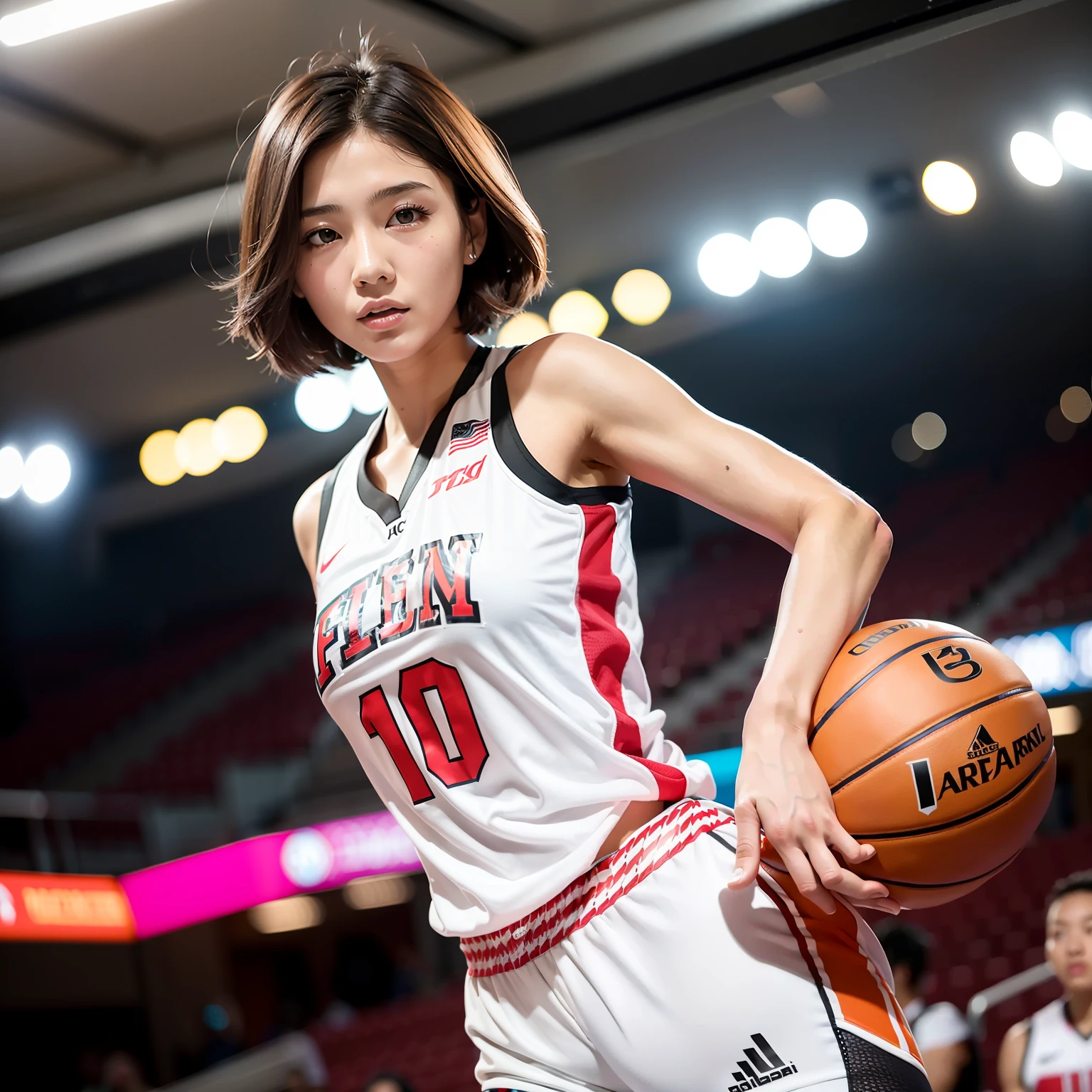 8K分辨率，half-body photo，photorealestic），（1 female，18yr old，（Face fidelity：Sakai Izumi's facial features：1.4，Bones thin face，s delicate face），com rosto detalhado，（Light makeup），Beautiful face，com rosto detalhado，详细的脸，Ultra-fine makeup，Black colored eyes，Short hair micro-curls，（Windswept hair，Messy has layers），Redlip，Fair smooth skin，（Best Skin Type：1.21），mediuml breasts，（Loose men's basketball uniform，（（Chest printing：SHOHOKU，Number 10 or number 11））），Tall and tall，Sweating after training，perfect hand，Perfect gripping position，Perfect posture，Ultra-fine clothing material），（expressioness：self-assured，exhilarated，Determination），（Light assist，profesional lighting），（colours：White or red）），（Golden section，Cinema lenses，Hasselblad photograp，tmasterpiece：1.3），（Cold and sexy，athlete，Sporty style，Artis，Official propaganda）