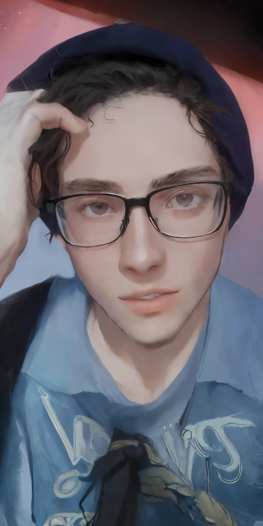 There's a young man with glasses and a hat, inspirado em Jean Malouel, halfbody headshot, androgynous person, jewish young man with glasses, androgynous face, foto de perfil headshot, em torno de 1 9 anos, 18 anos, with glasses on, androgynous male, foto headshot, taken in the early 2020s