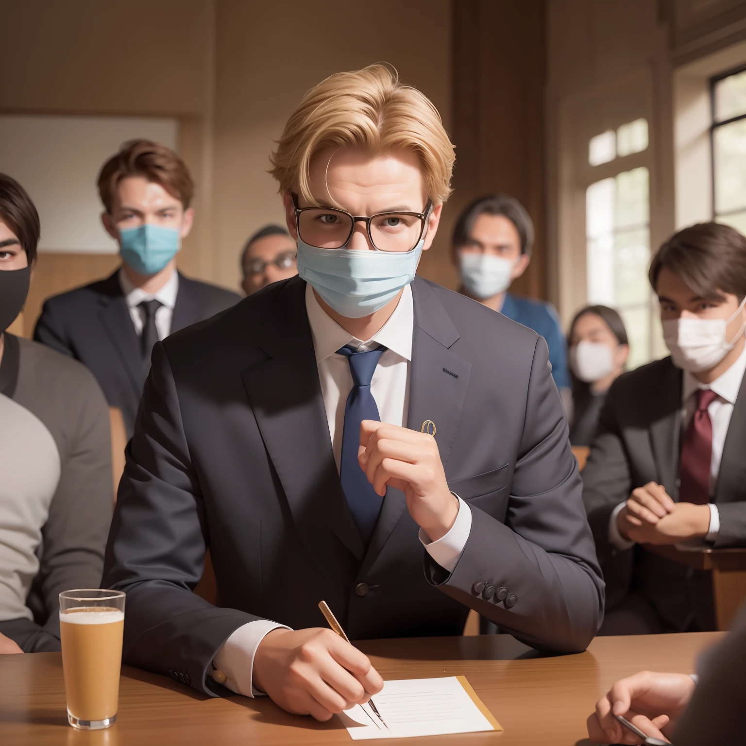 Ten young men sat around a table,Nine people wore hideous masks on their faces,Only one person did not bring it,The man's expression was very serious,Like an impartial judge