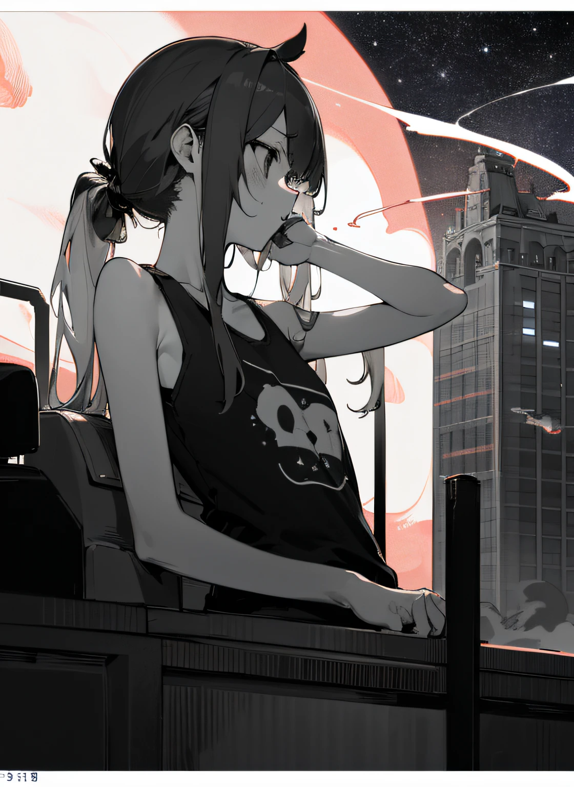 (((in 8K, Raw photo, Best Quality))), 超A high resolution, ultra-detailliert, Illustration, Monochrome world、black-and-white、(anthwve style: 1) (nvinkpunk: 0.7) 、Smoking cigarettes、PUNK ROCK、Tank Top Girl、High Details、foco nítido、natural soft light、Subsurface scattering、F2、35mm、film grains, Astonaut, Environment only, labo, Spacecraft, Made of stone, Night, Starry sky, building, Future, imagine, Outdoors, Background only、phantasm、fanciful、tobacco、Lucky Strike、American Vintage、boldly put your hair on your ears、Smoke、adult lady、Glamus American、disheveled hair、eventide、Lifting sideburns yourself、