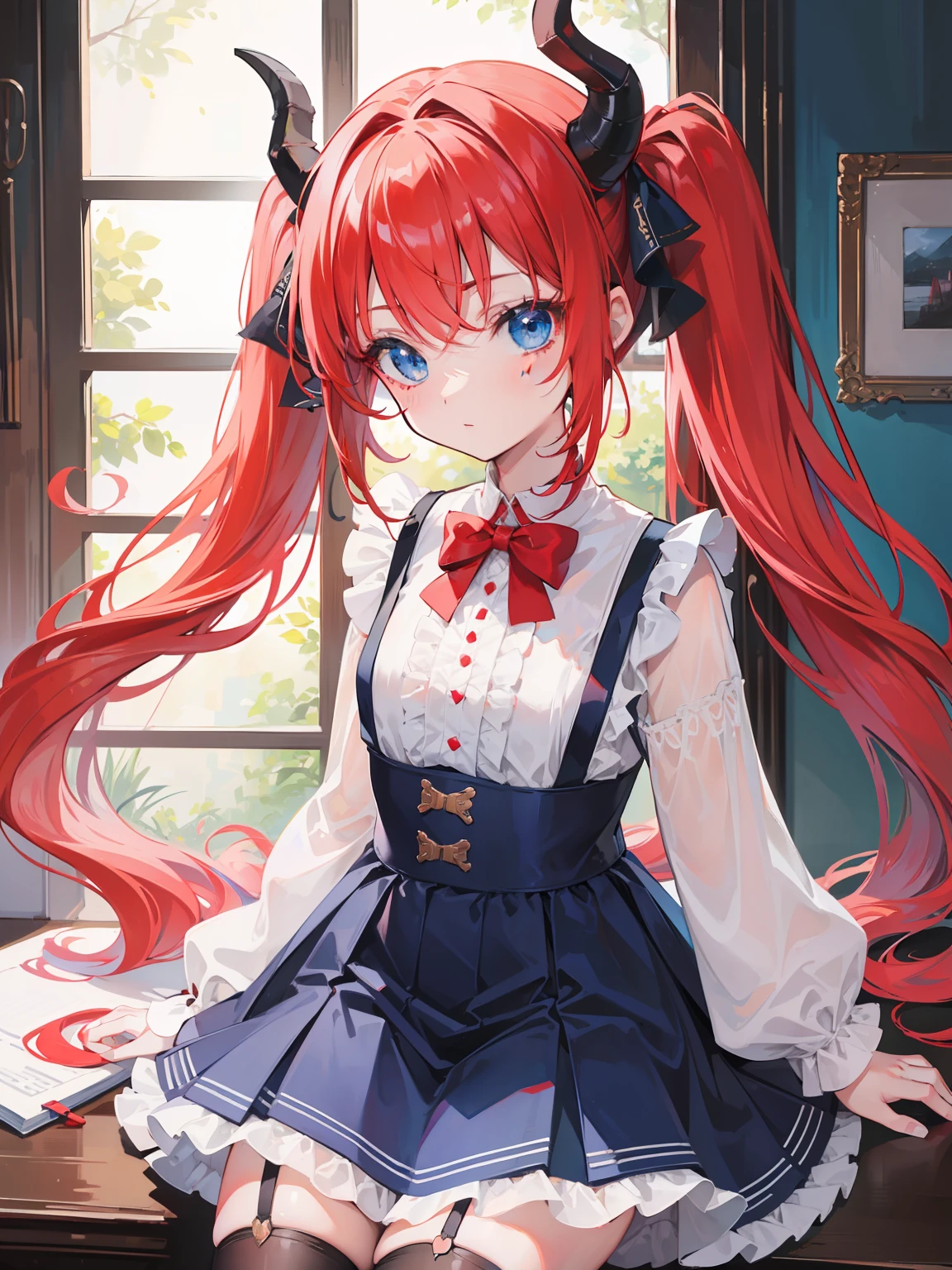 {{best quality}}, {{masterpiece}}, {{ultra-detailed}}, {illustration}, {detailed light}, red hair,blue eyes,twintails,ta,Suspenders skirt,Fantastic,lolio,Dragon horns,little gir