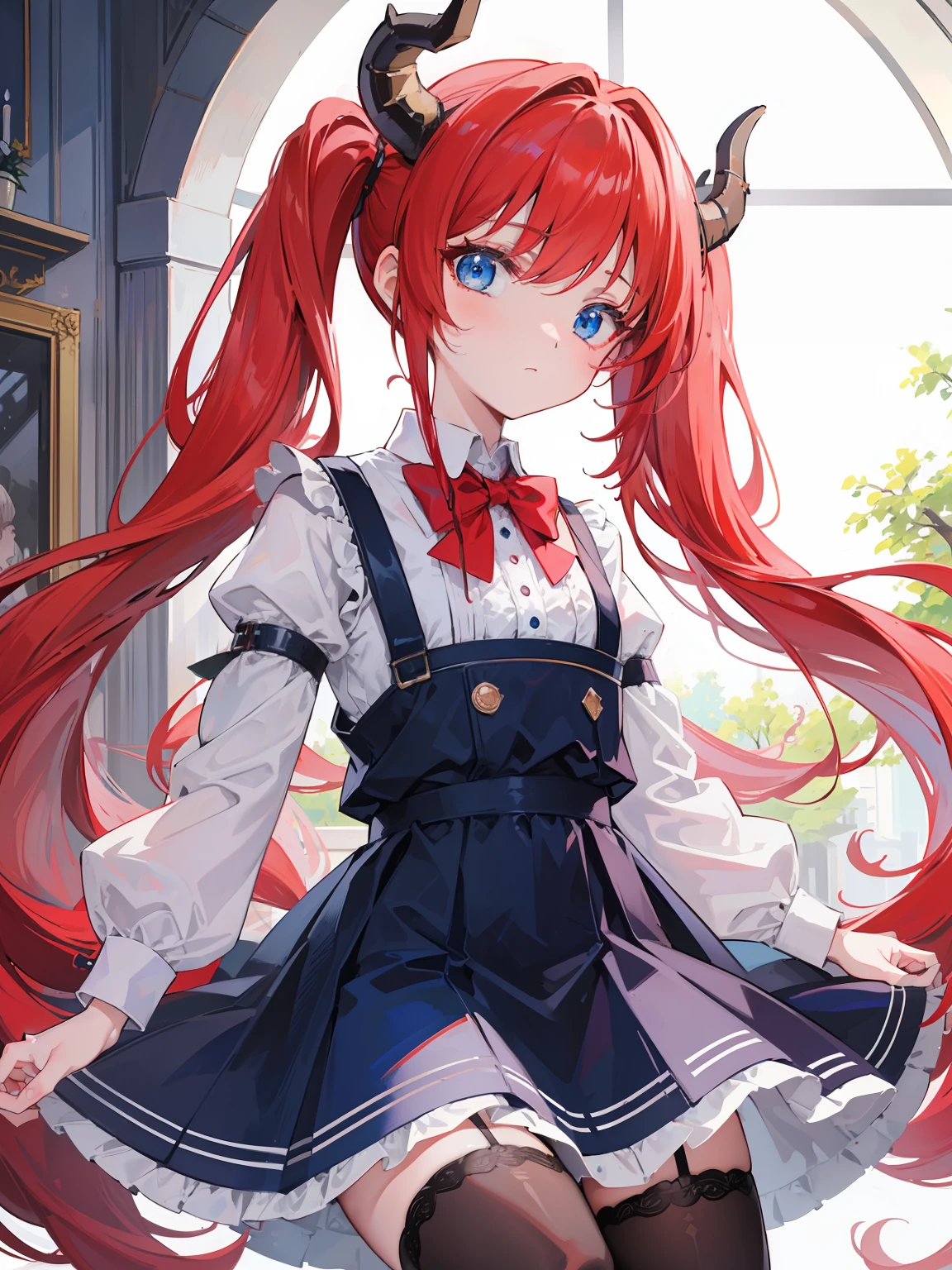 {{best quality}}, {{masterpiece}}, {{ultra-detailed}}, {illustration}, {detailed light}, red hair,blue eyes,twintails,lolita,Suspenders skirt,Fantastic,loli,solo,Dragon horns,little girl,long hair